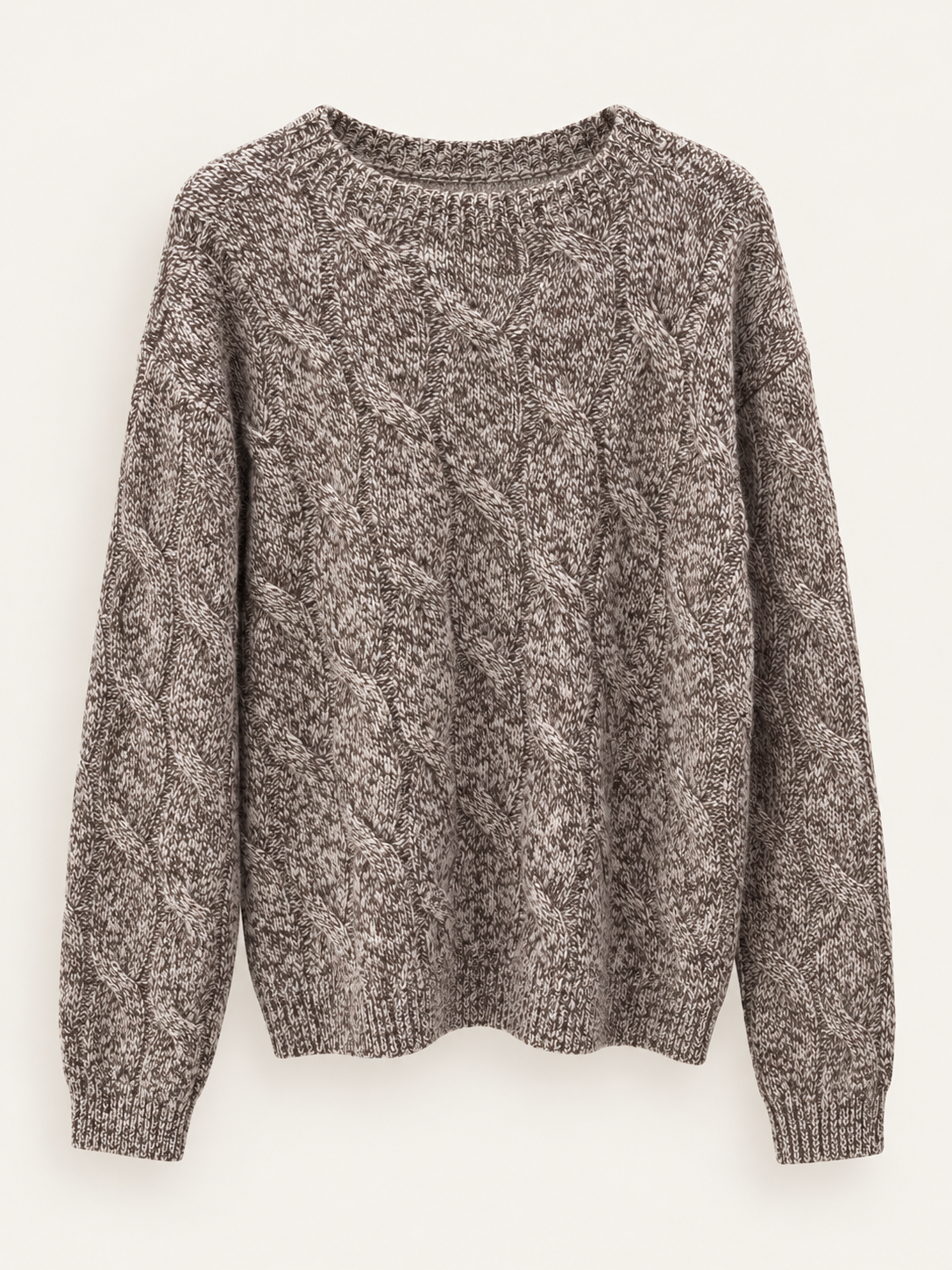 Heather Coffee wool marled cable crewneck front