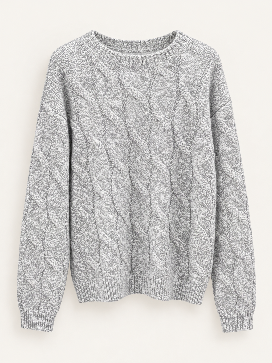 Silver Gray wool marled cable crewneck front