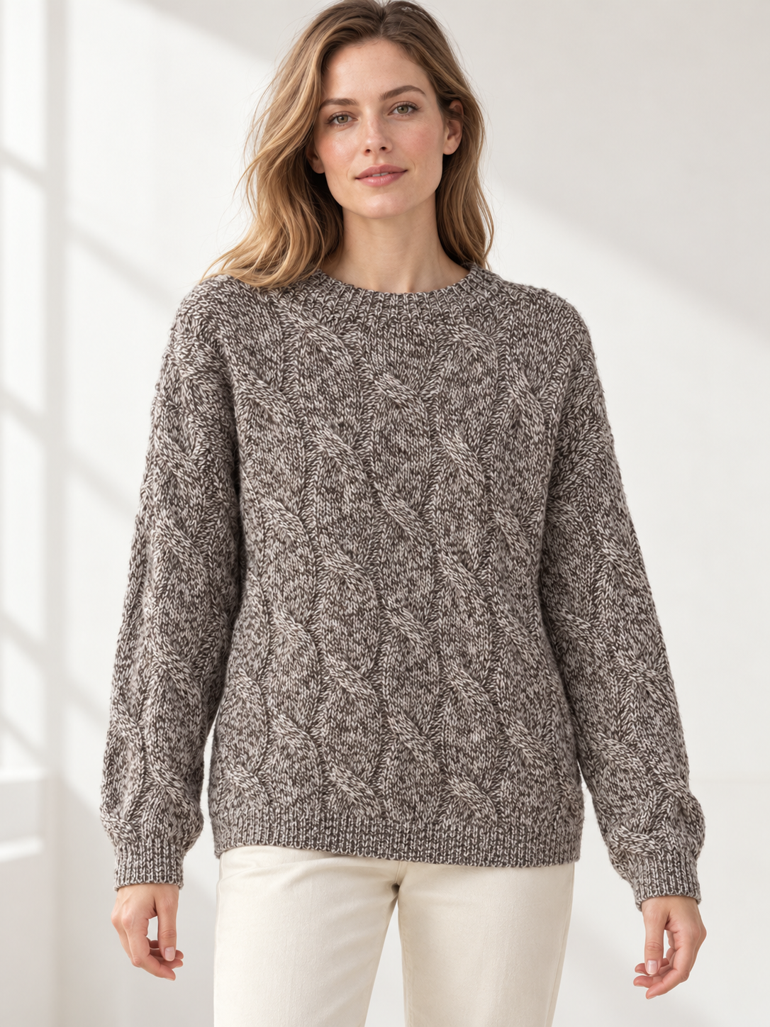 Heather Coffee wool marled cable crewneck on model