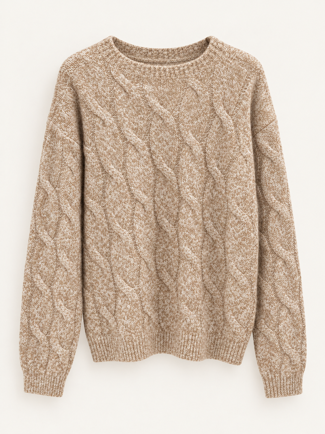 Oat Milk wool marled cable crewneck front