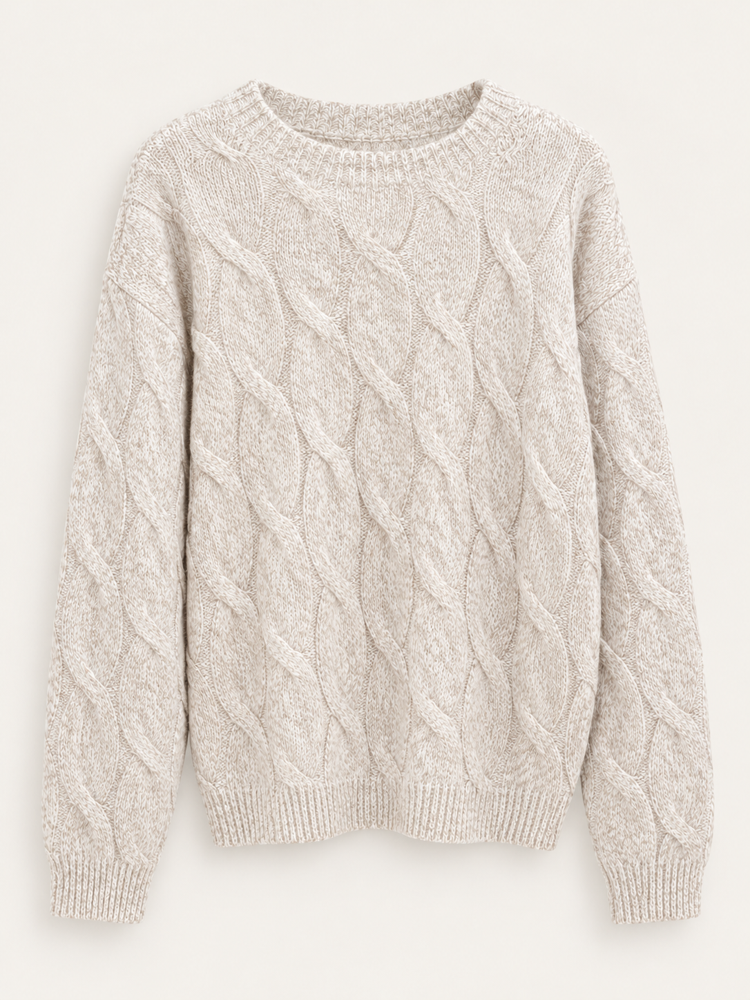 Heather White wool marled cable crewneck front
