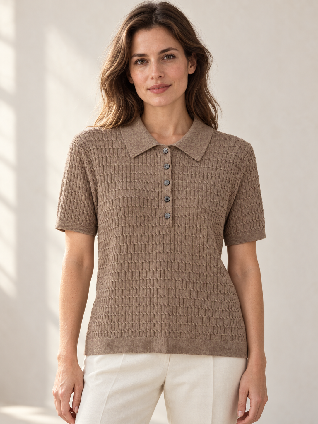 Light Brown cotton-cashmere textured polo on model