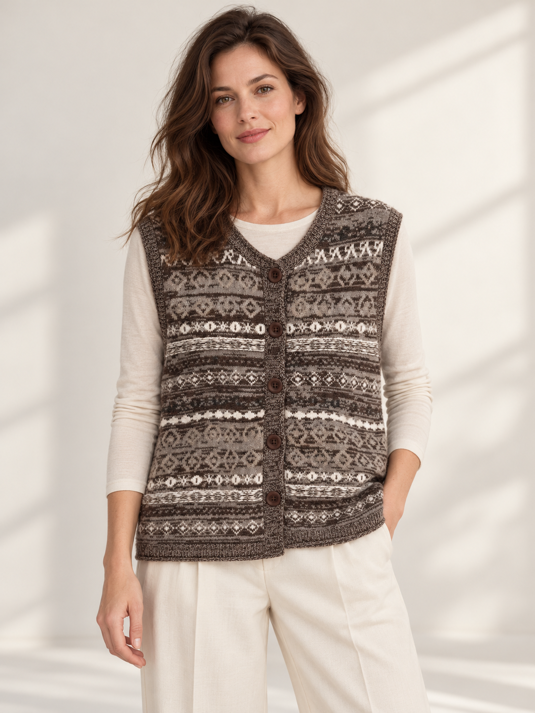 Brown Multi wool-cashmere fair isle button vest on model