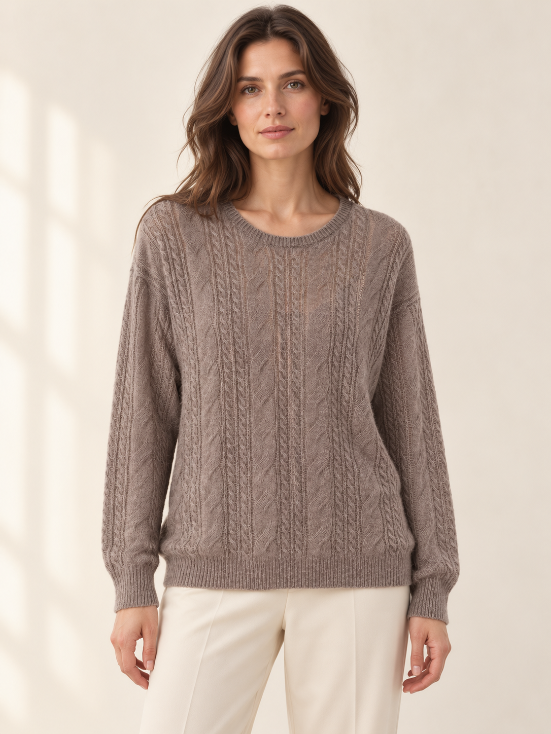 Clay wool-alpaca blend cable crewneck on model
