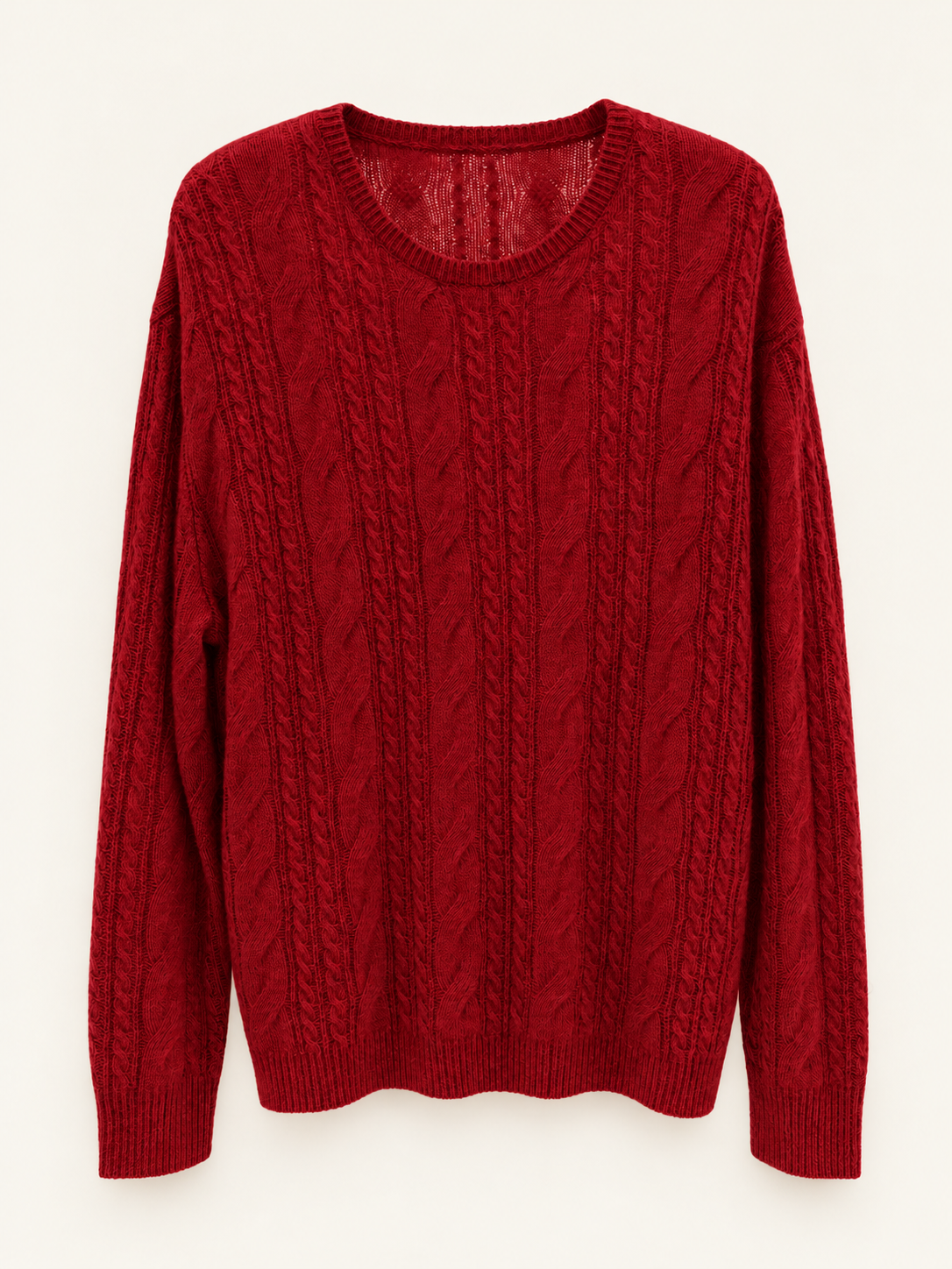 Wine Red wool-alpaca blend cable crewneck front