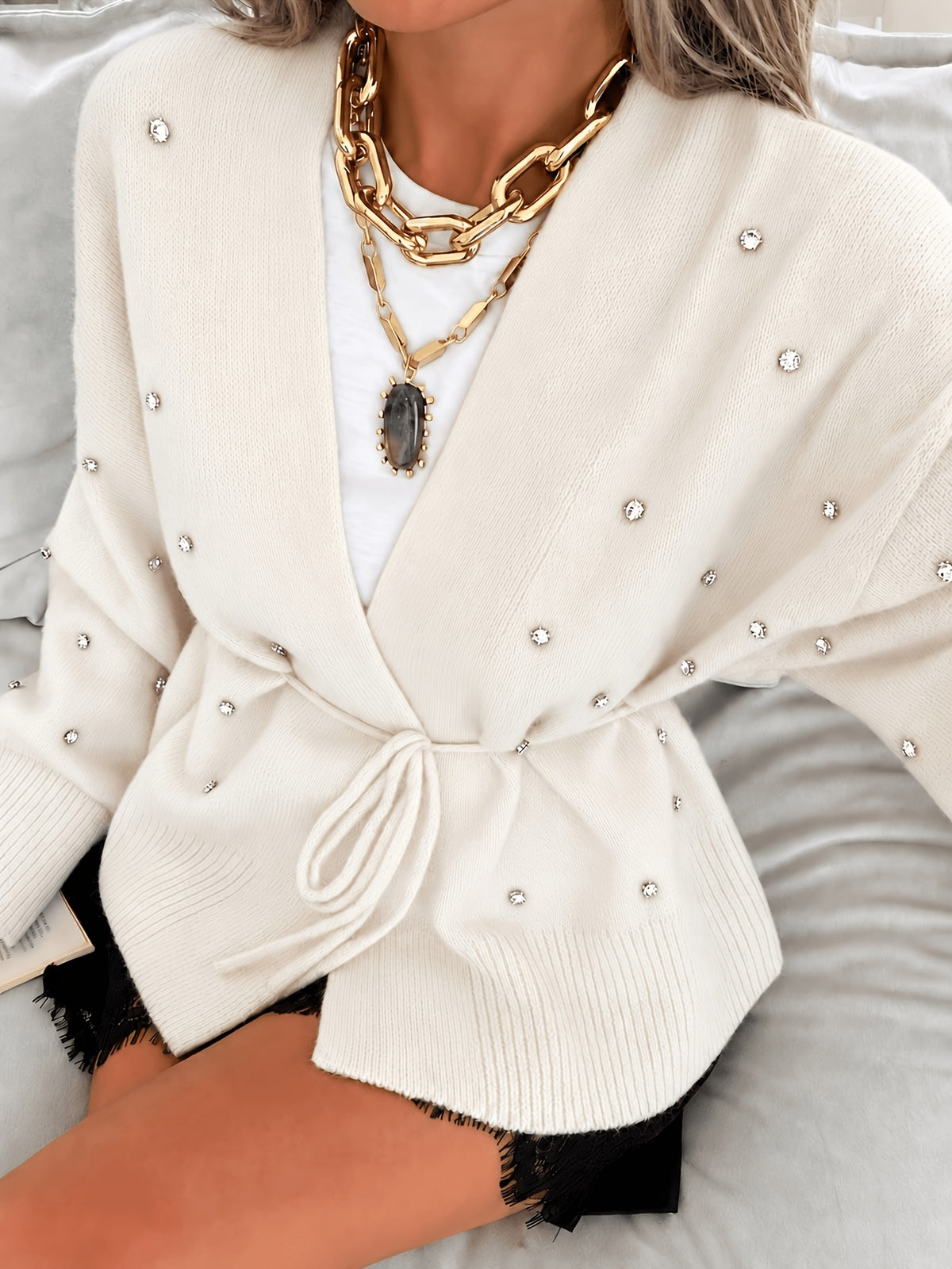 Rhinestone Tie Waist Cardigan