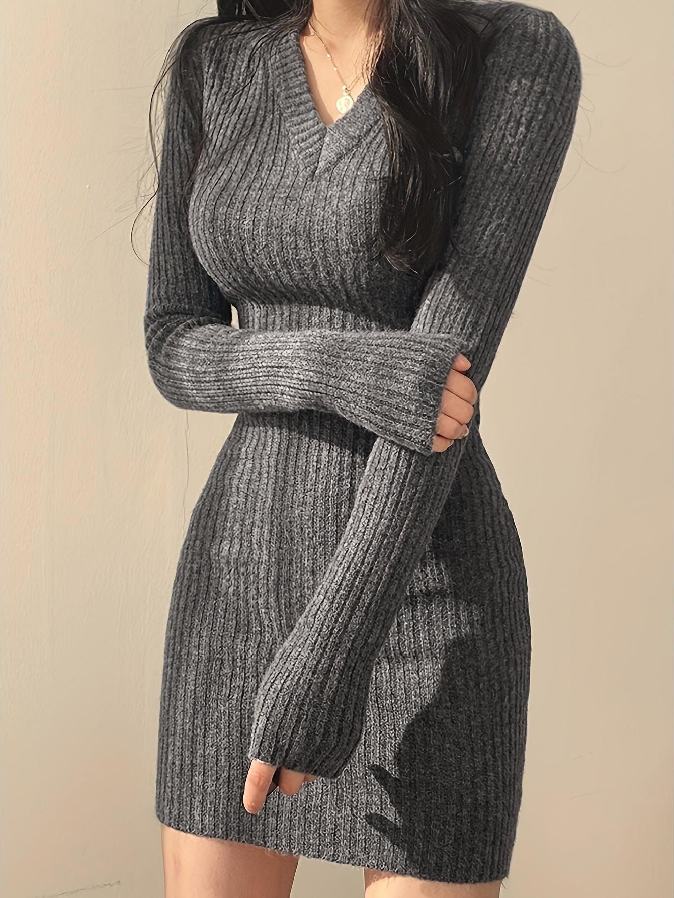 JOYSONS ribbed V-neck long sleeve sweater dress