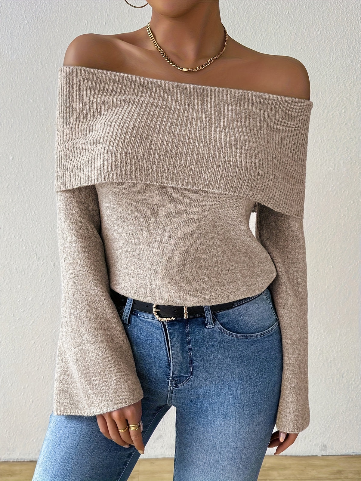 Foldover Off Shoulder Bell Sleeve Sweater