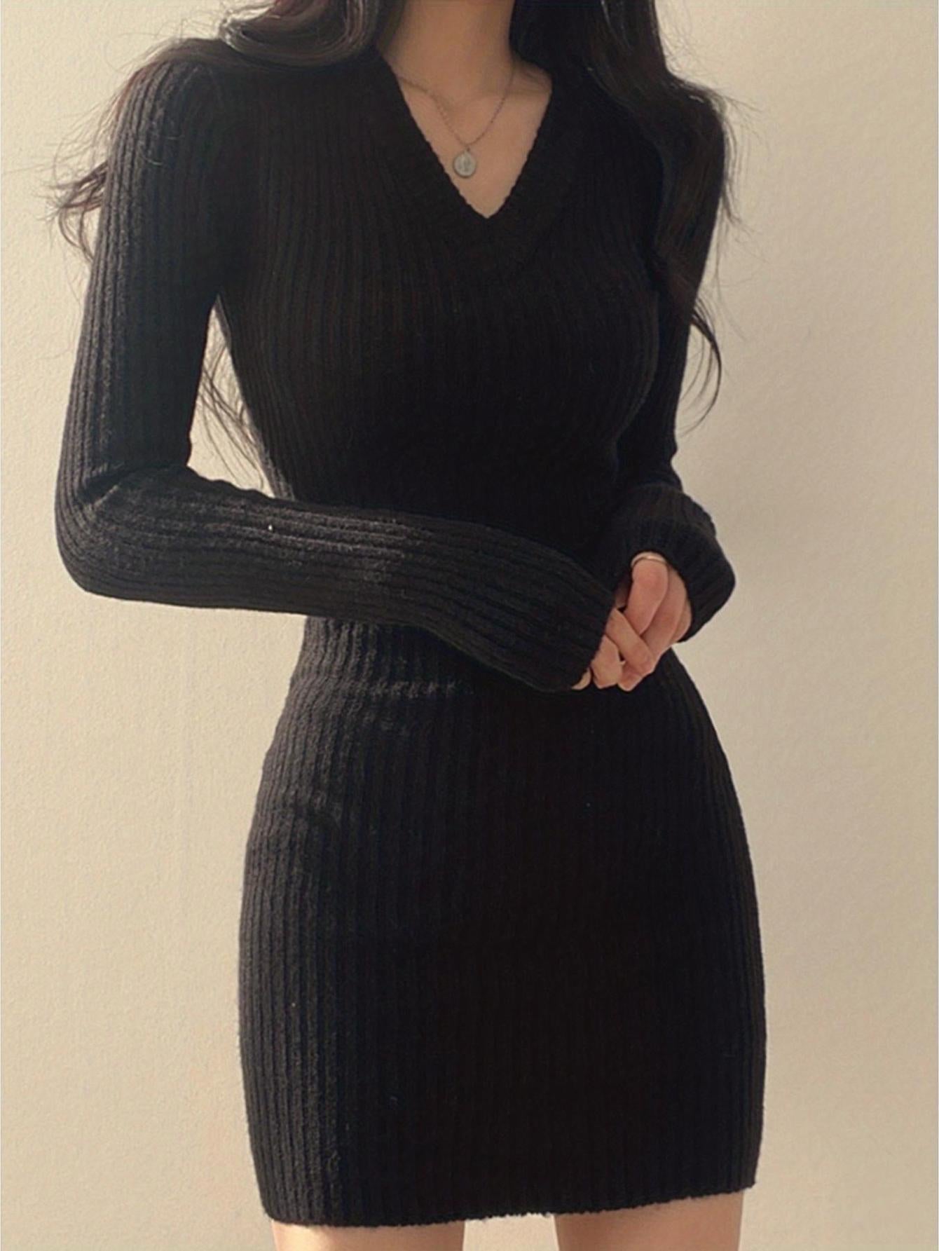 JOYSONS ribbed V-neck long sleeve sweater dress