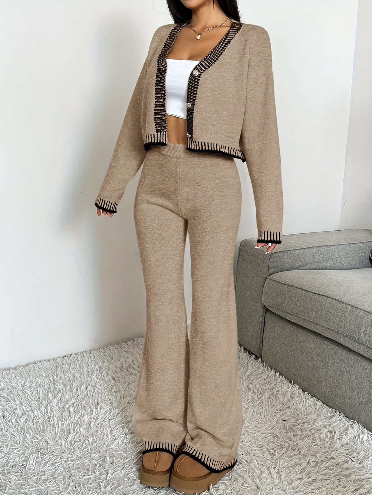 Stripe Trim Button Cardigan & Pant Set