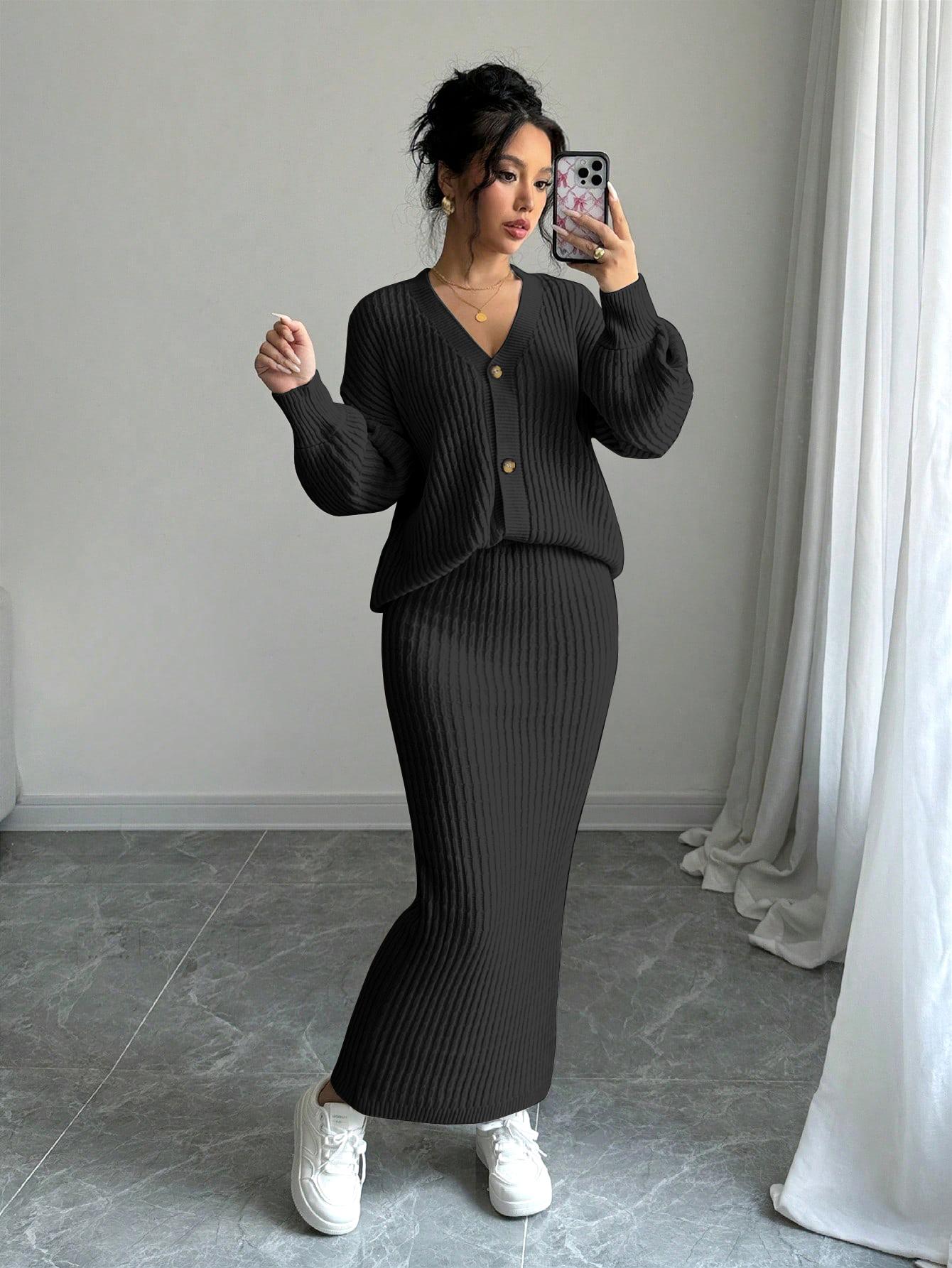 JOYSONS V-neck cardigan and high-waist knit skirt set