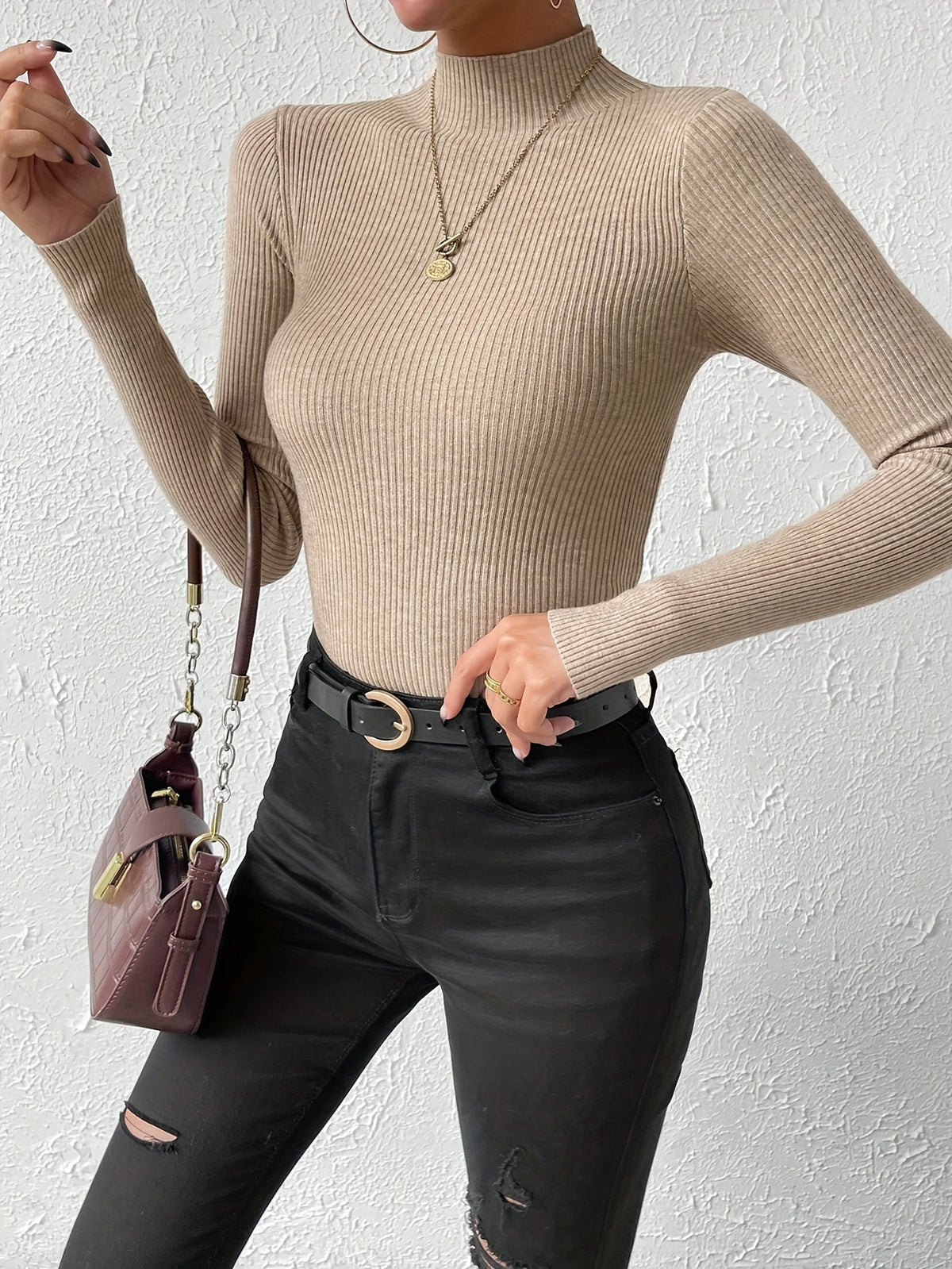 Fitted Ribbed Mock Neck Sweater