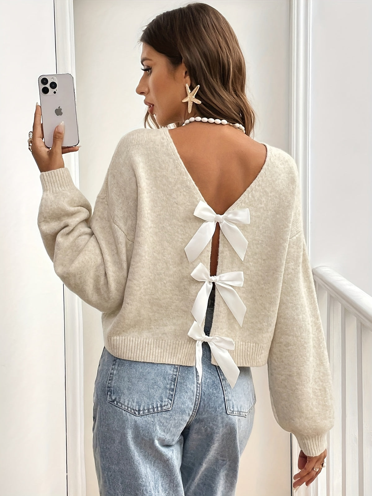 Bow Back Boat Neck Sweater