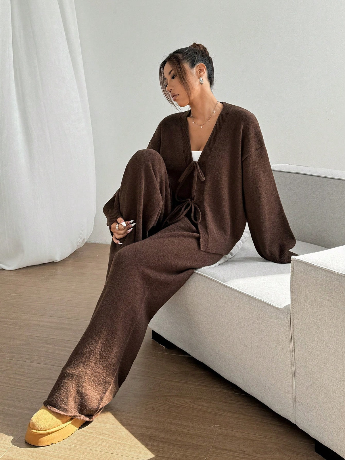 Tie Front Cardigan & Wide Leg Pants Set