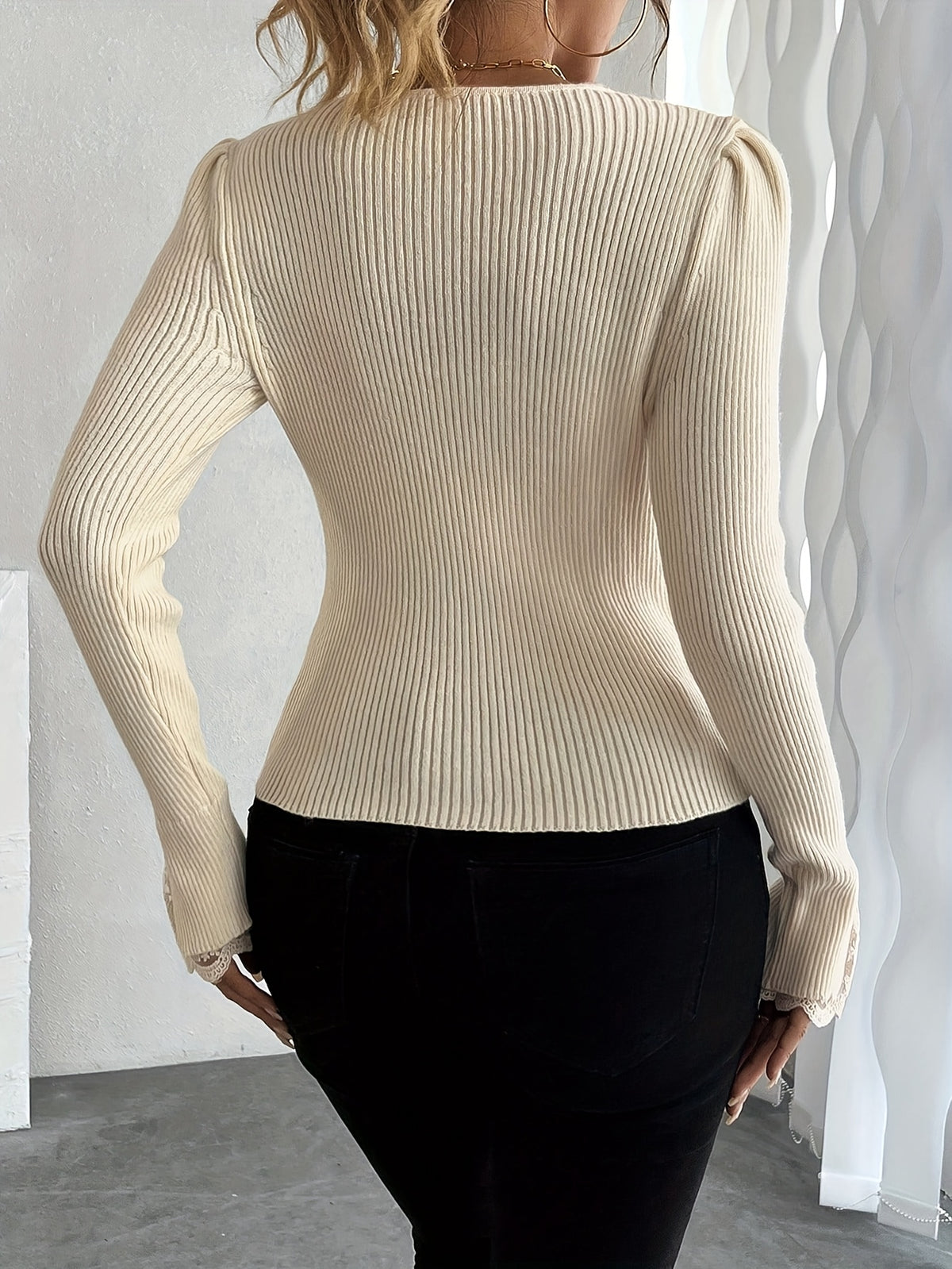 Lace Cuff Pearl Button V-Neck Sweater