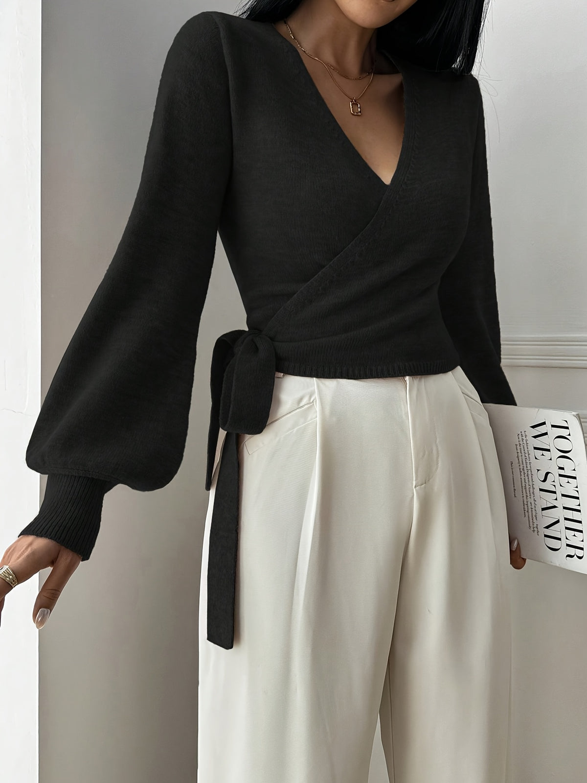 Faux Wrap Balloon Sleeve Sweater