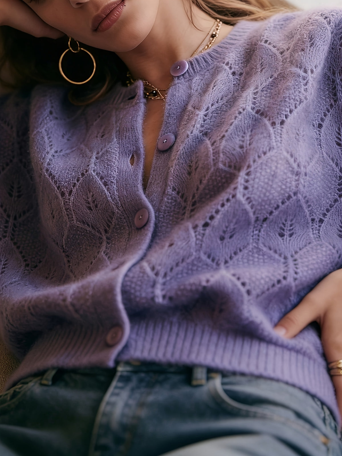 Lilac Pointelle Crew Neck Cardigan