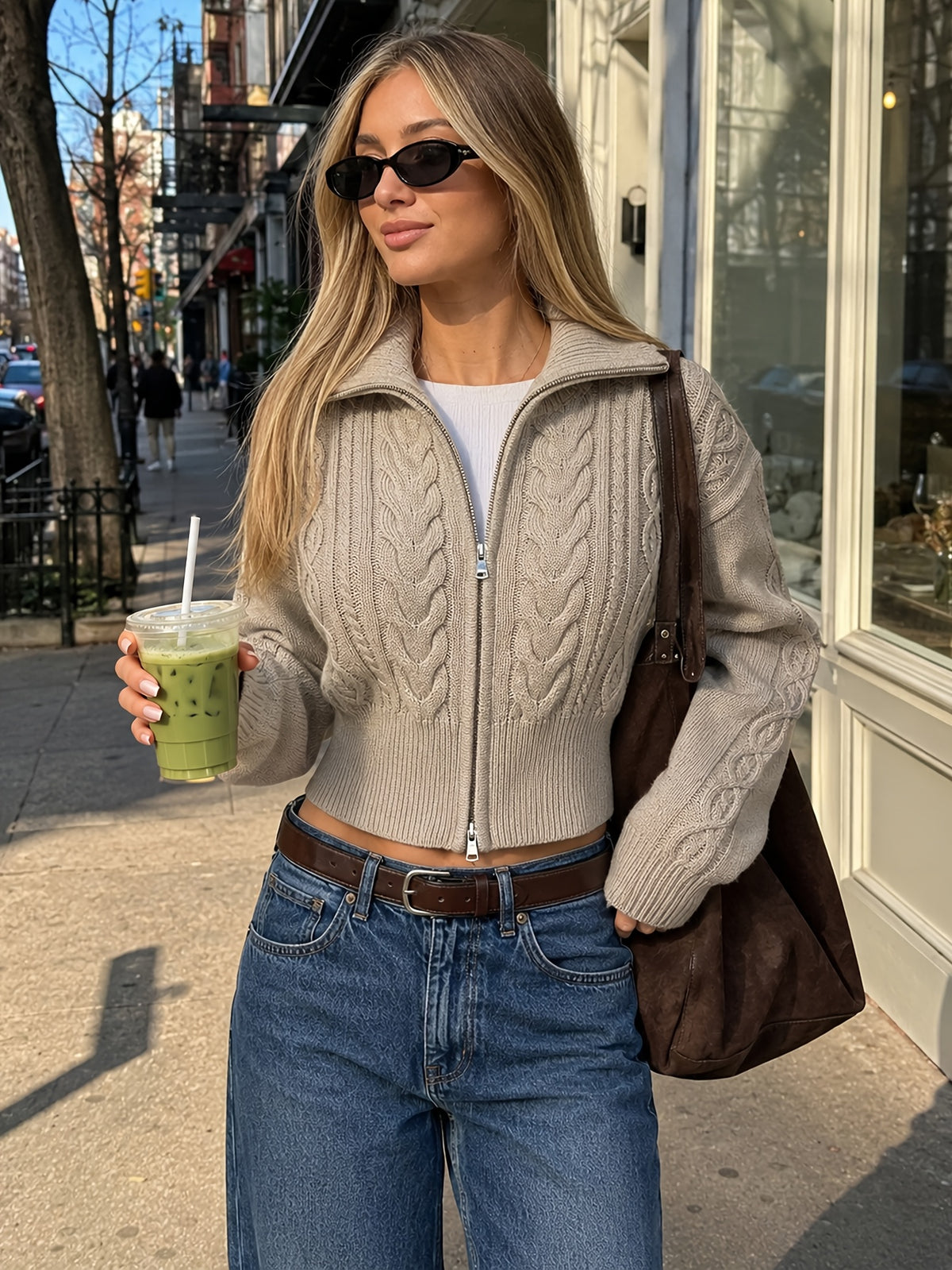 Cable Knit High Neck Zip Cardigan