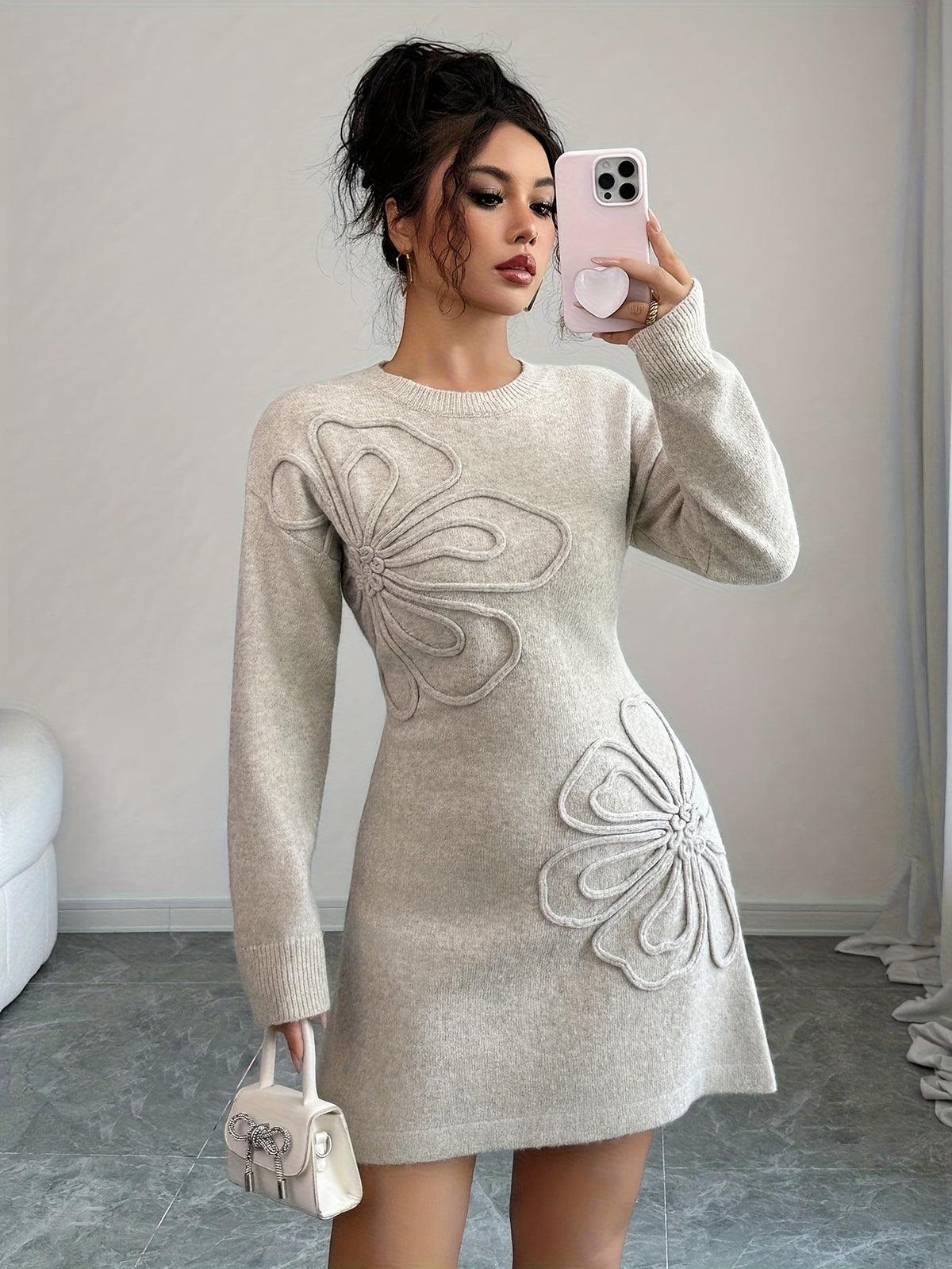 Raised Floral Knit Mini Dress