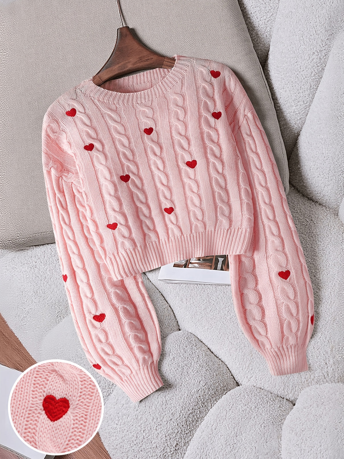 Heart Embroidered Cable Sweater