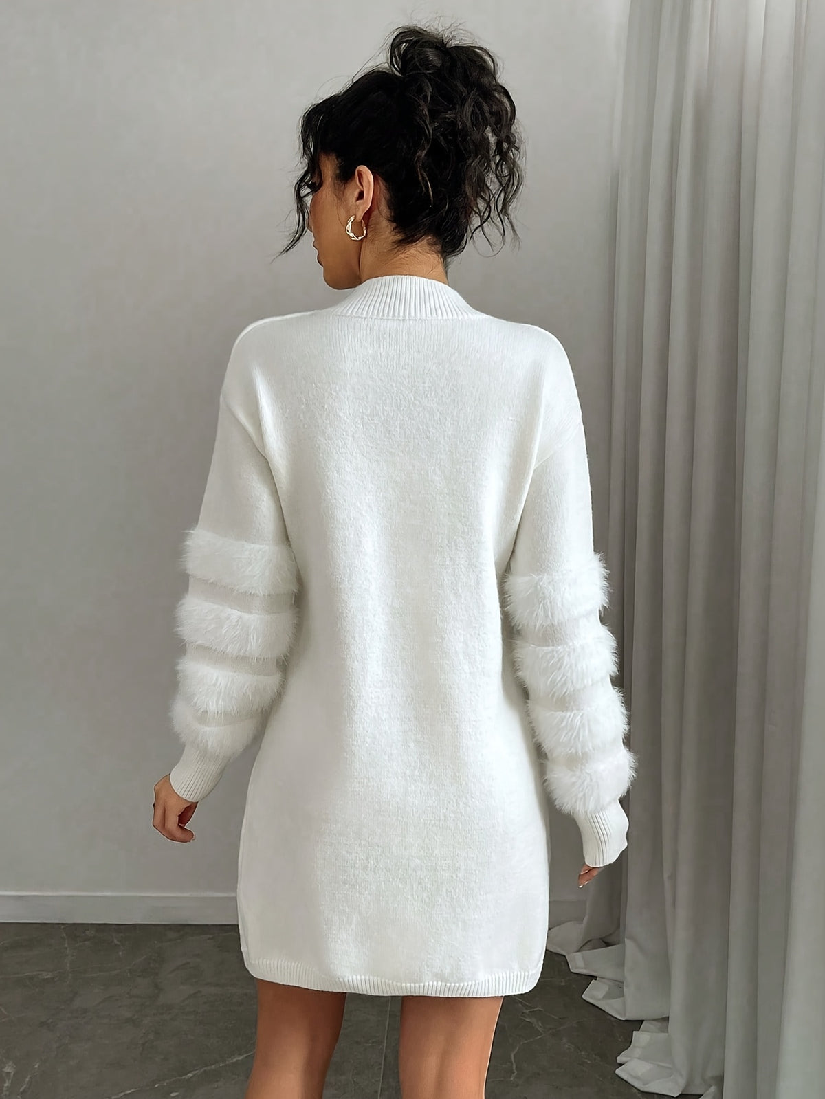 Fuzzy Sleeve Mock Neck Sweater Dress