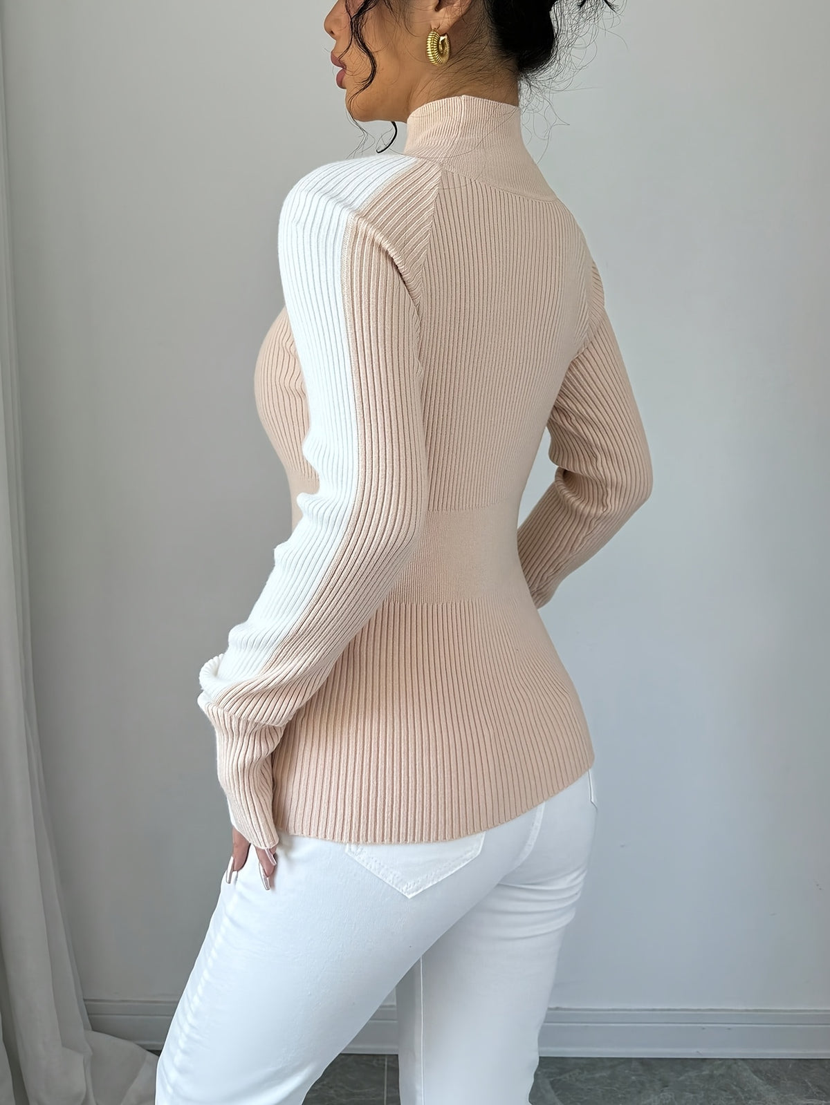 Colorblock Ribbed Mock Neck Sweater