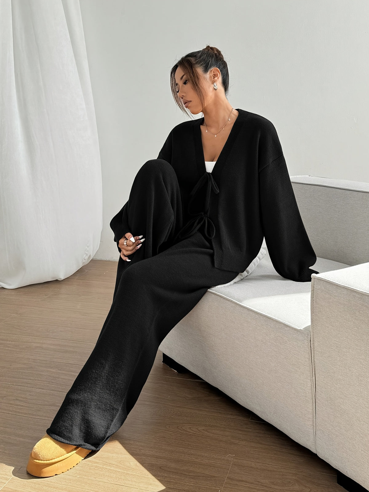 Tie Front Cardigan & Wide Leg Pants Set