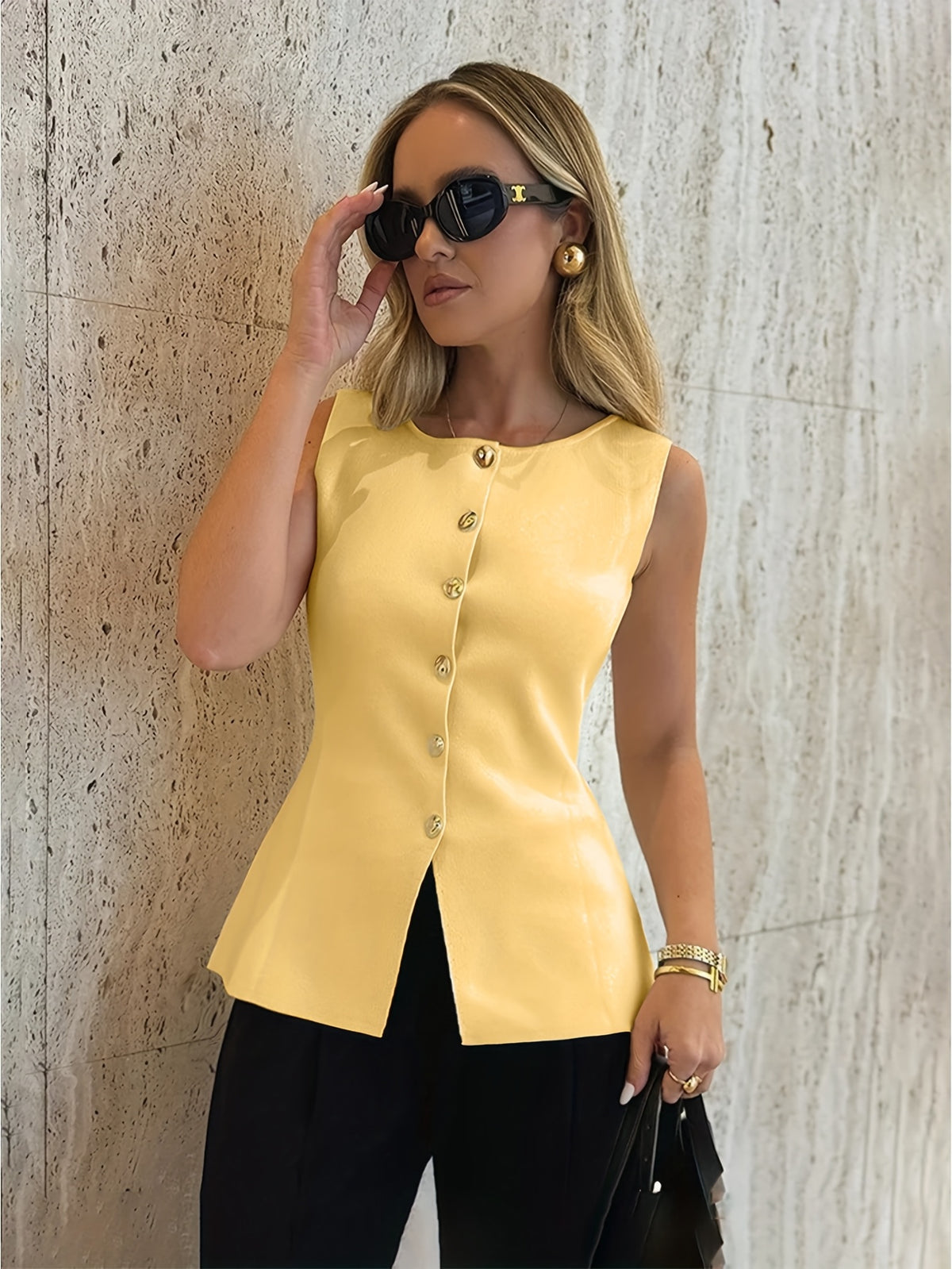 Gold Button Sleeveless Knit Top