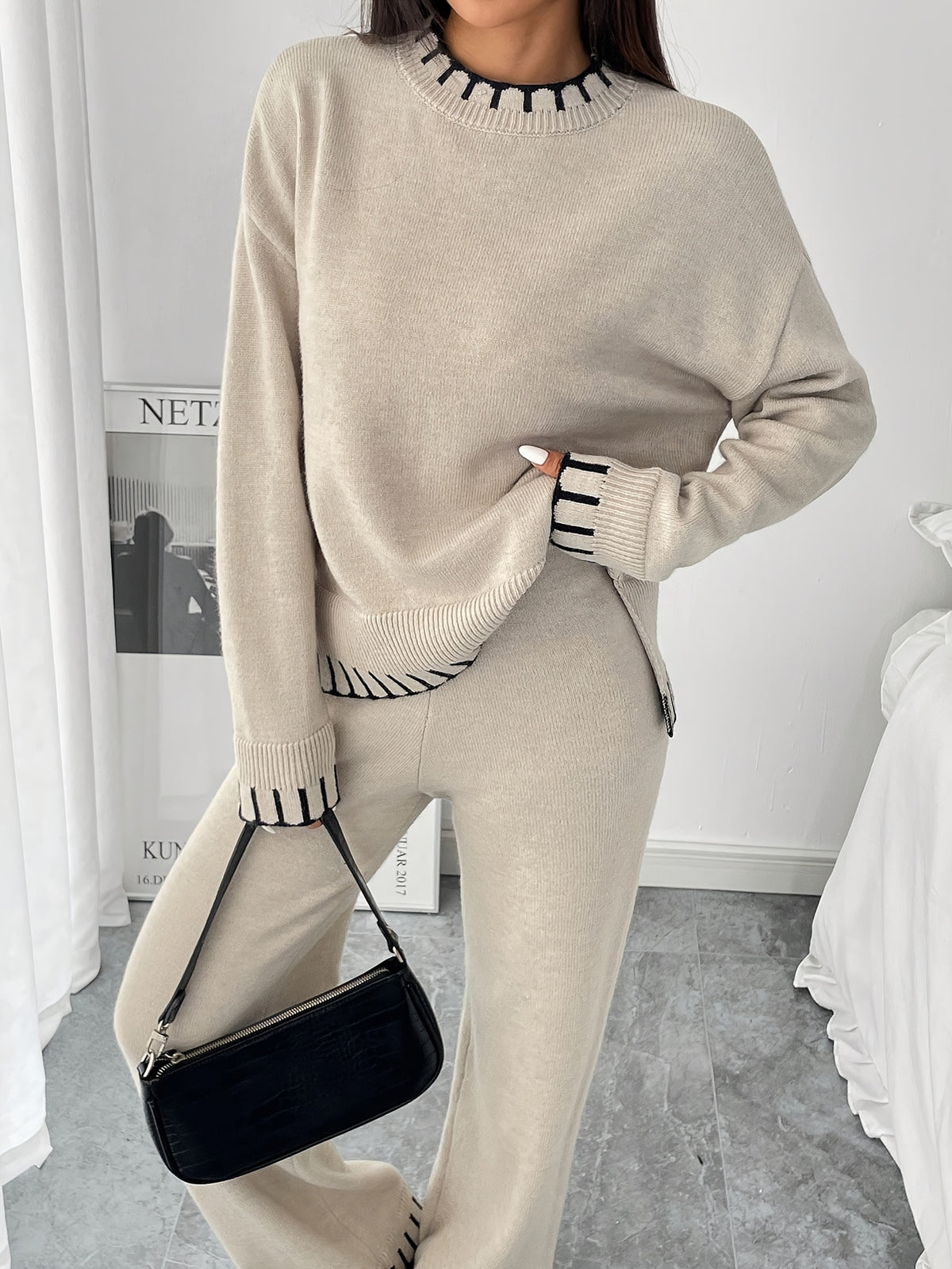 Contrast Trim Sweater & Wide Pants Set