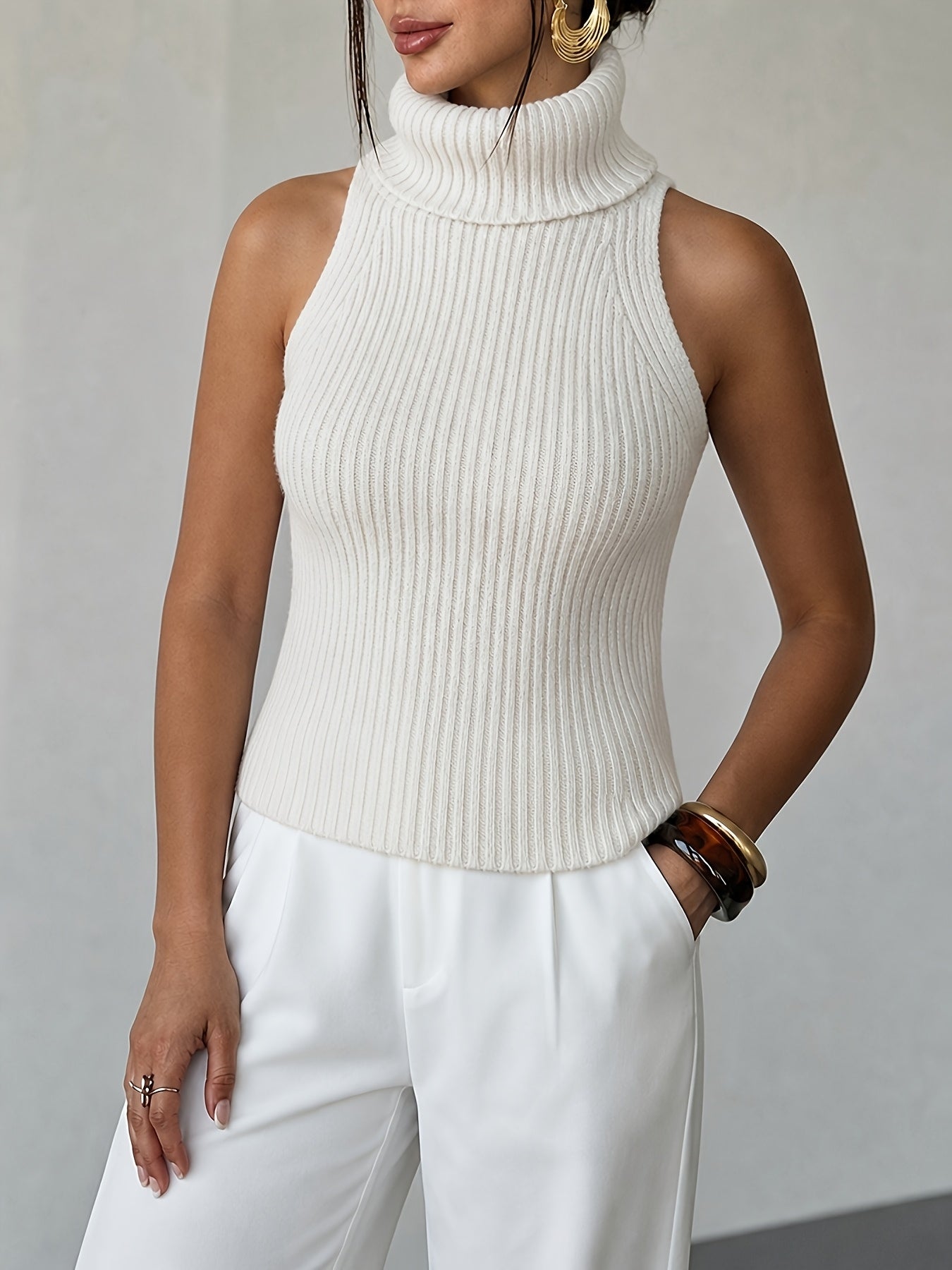 Ribbed Turtleneck Knit Vest