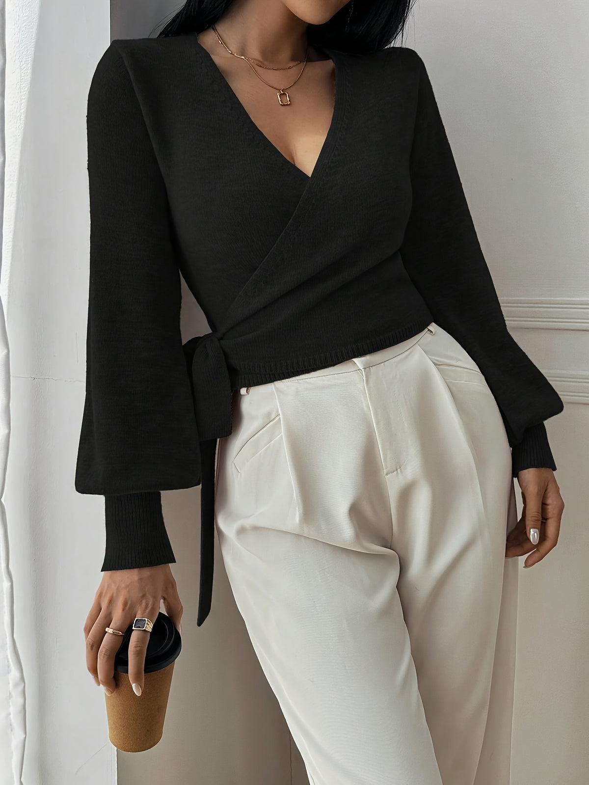 Faux Wrap Balloon Sleeve Sweater