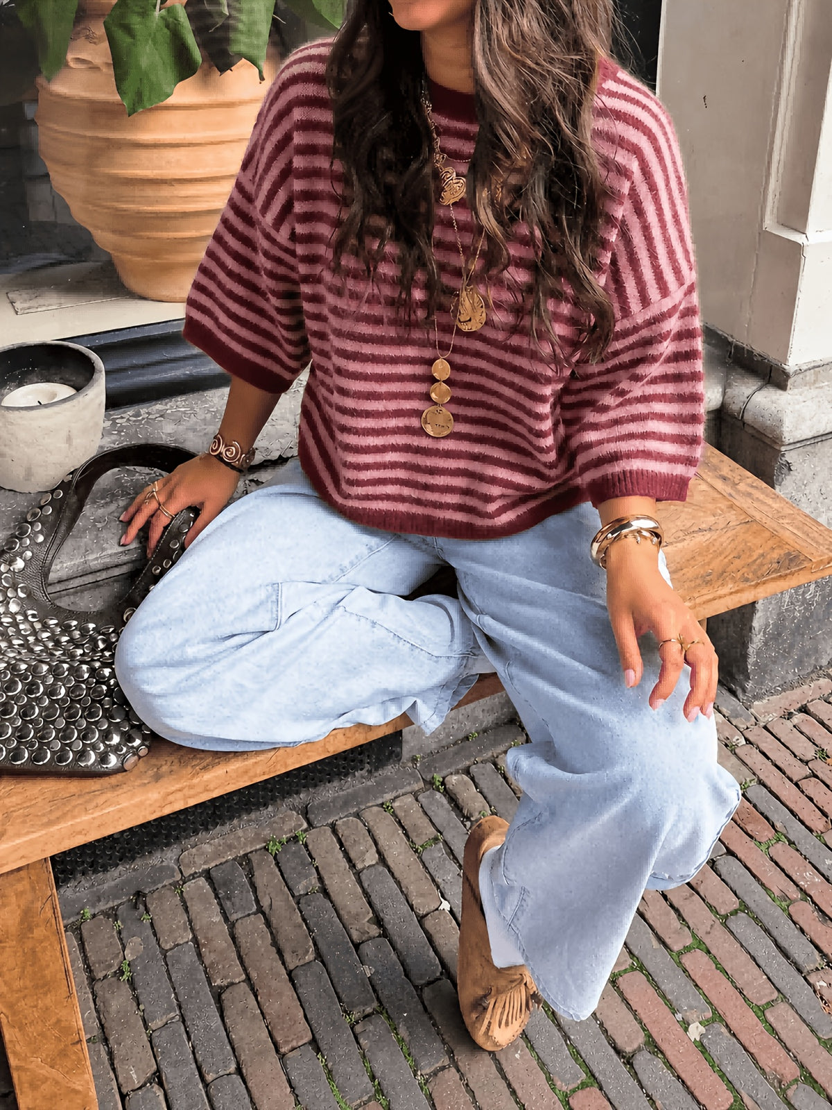 Striped Three Quarter Sleeve Sweater