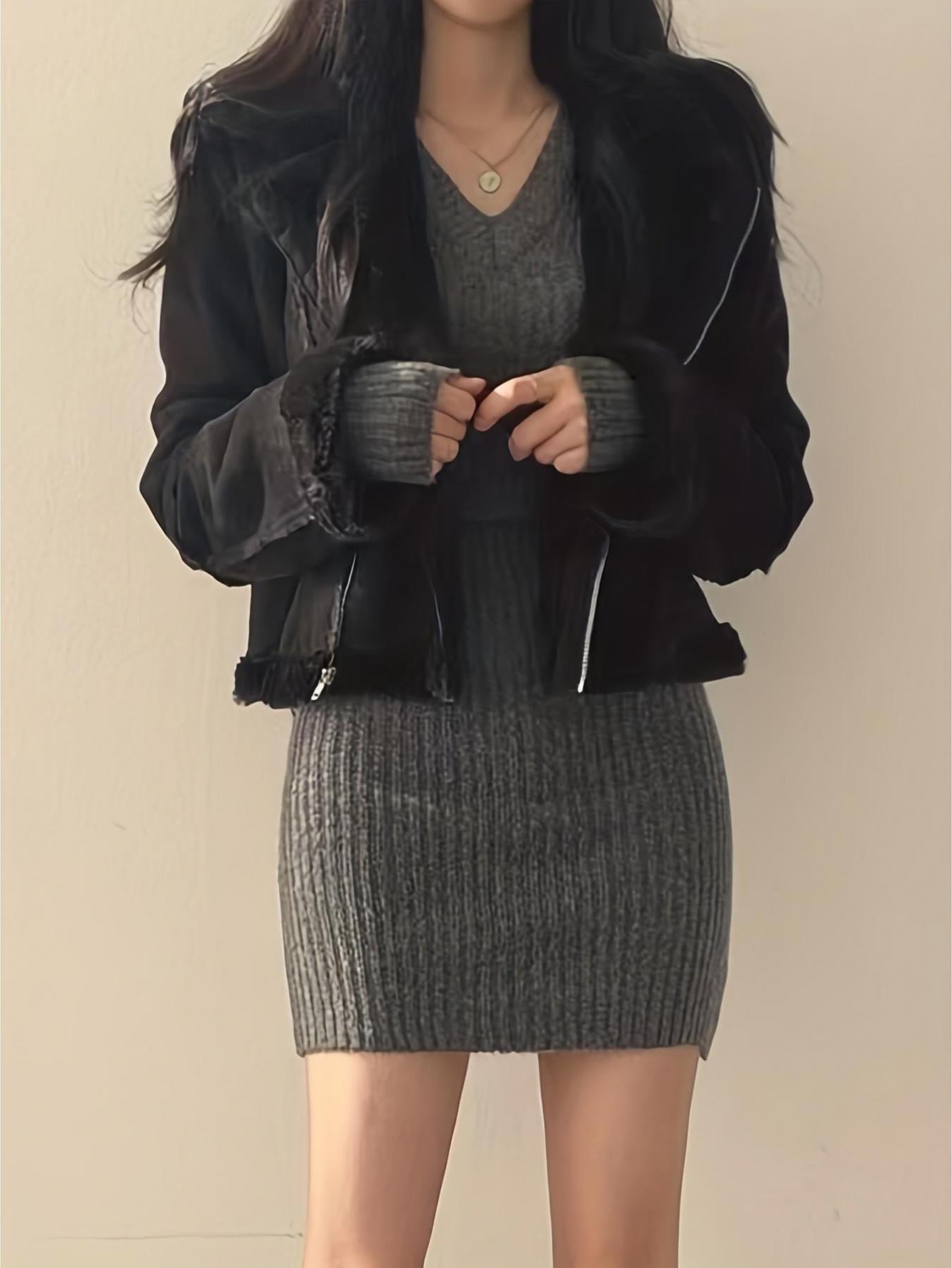 JOYSONS ribbed V-neck long sleeve sweater dress