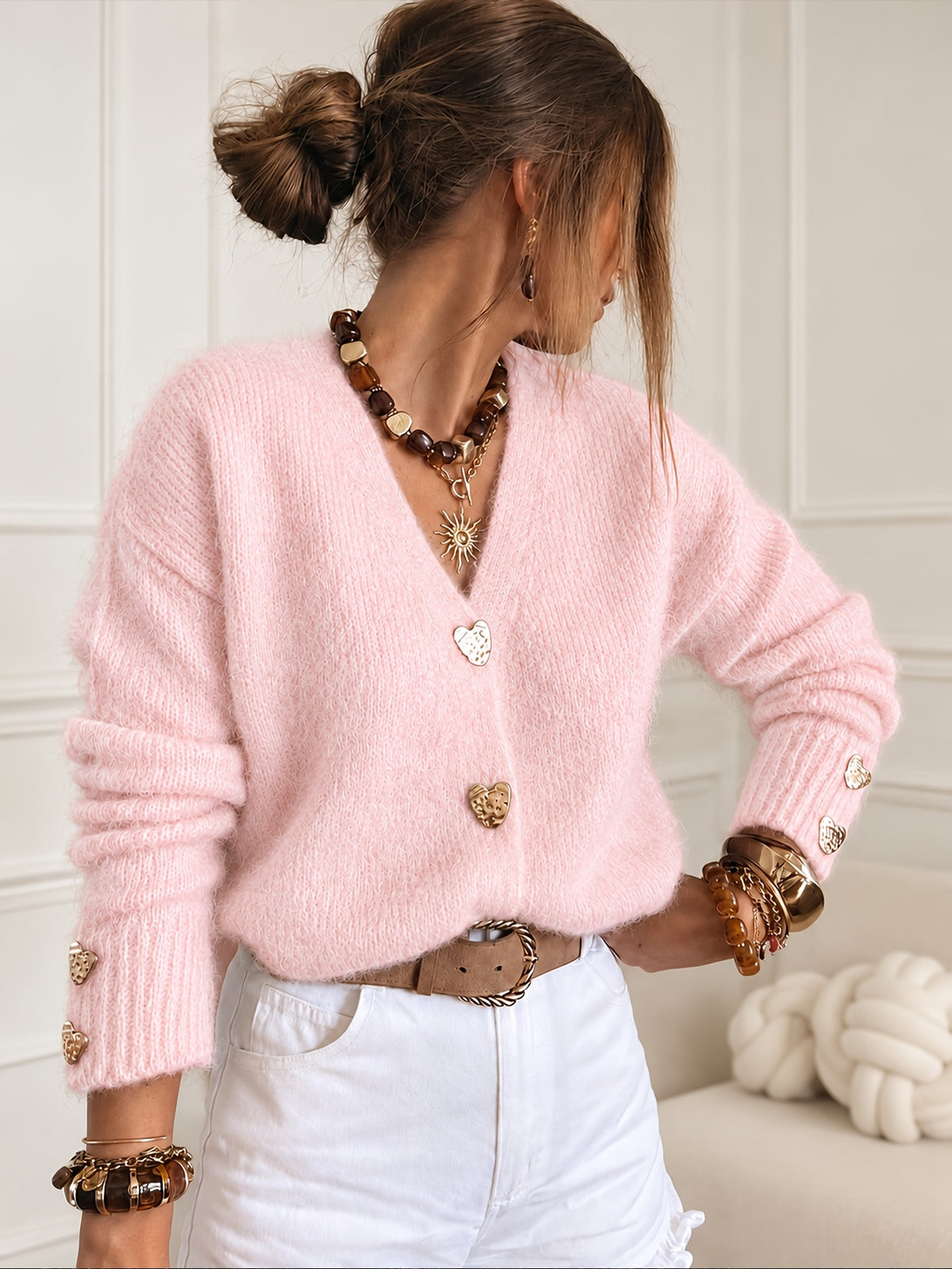 Heart Button Fuzzy Cardigan