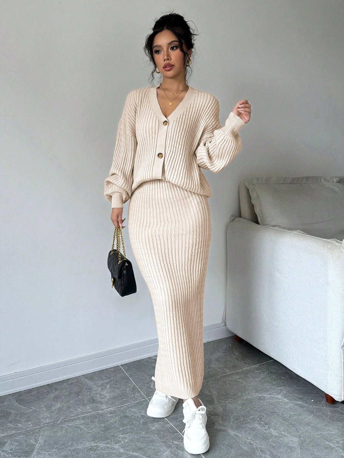 JOYSONS V-neck cardigan and high-waist knit skirt set