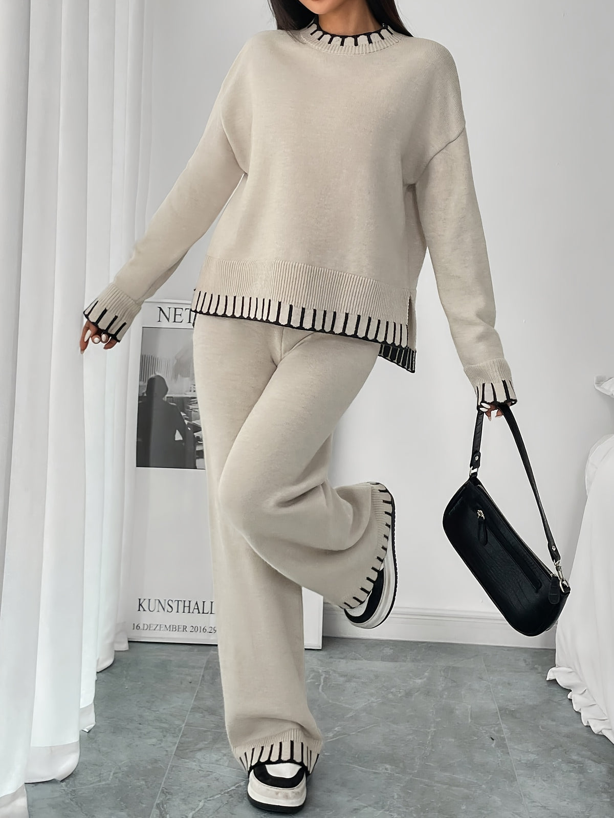 Contrast Trim Sweater & Wide Pants Set