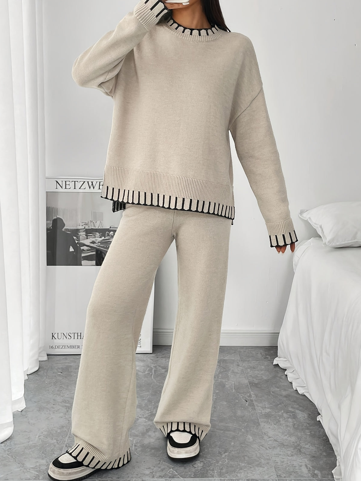 Contrast Trim Sweater & Wide Pants Set