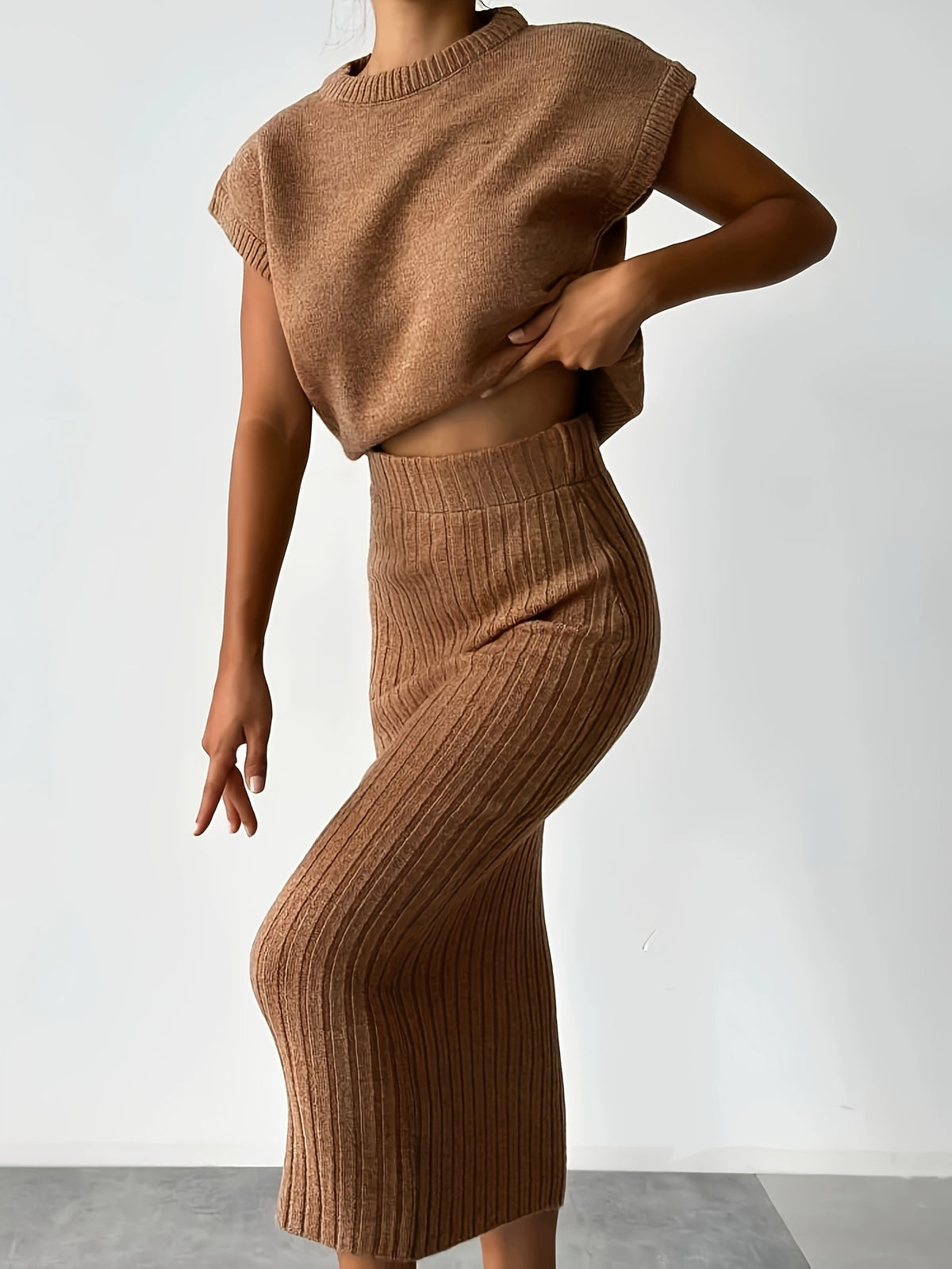 Ribbed Cap Sleeve Top & Midi Skirt Set