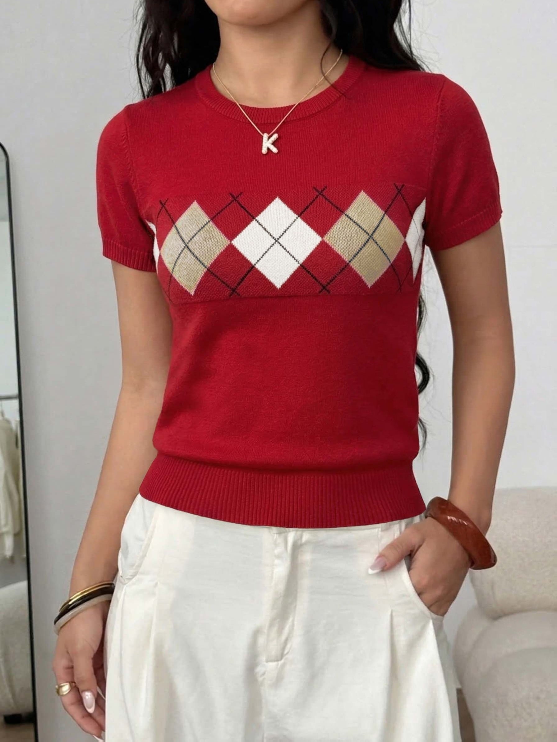 Argyle Contrast Short Sleeve Sweater