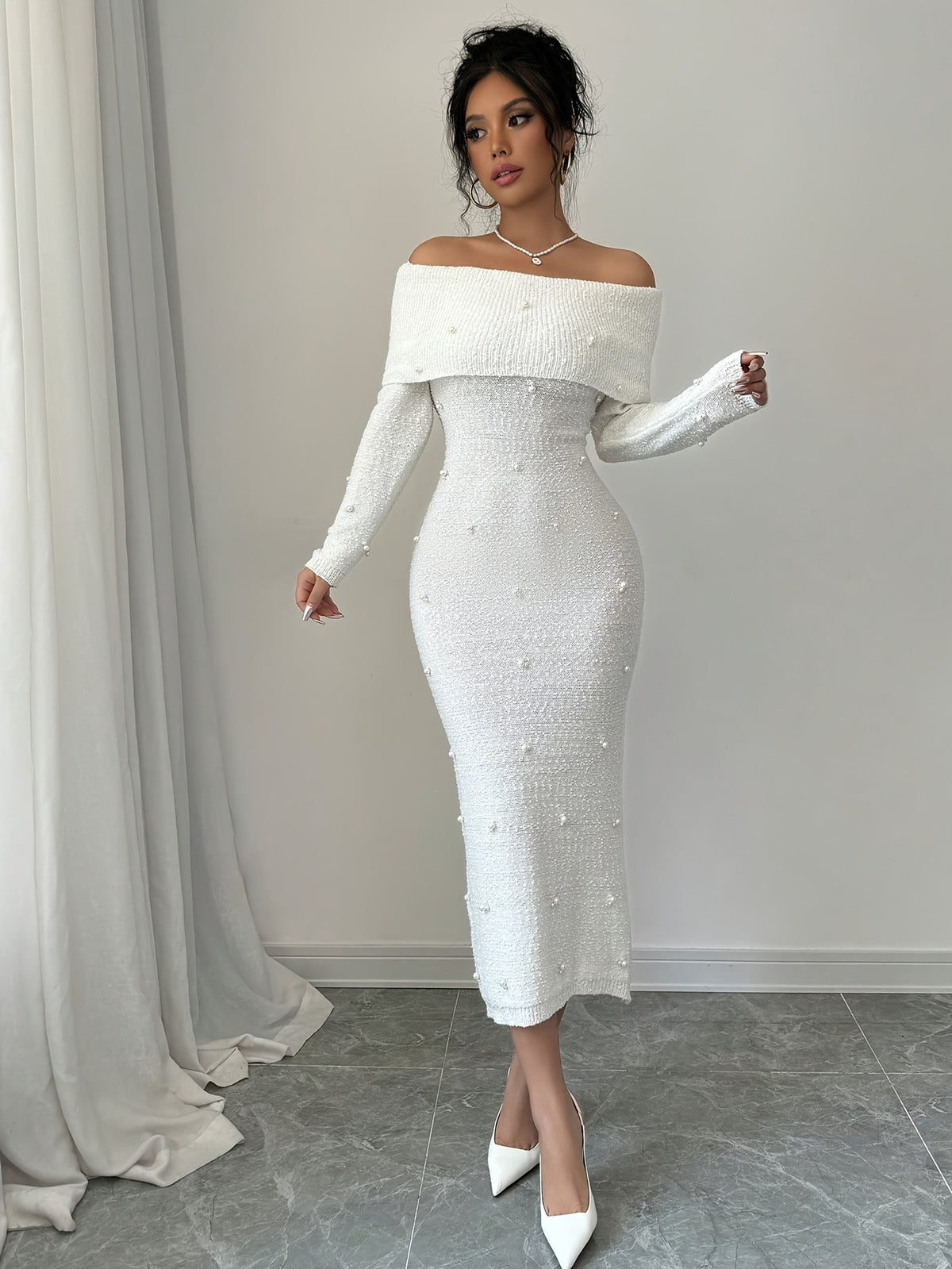 Pearl Embellished Off Shoulder Midi Dress