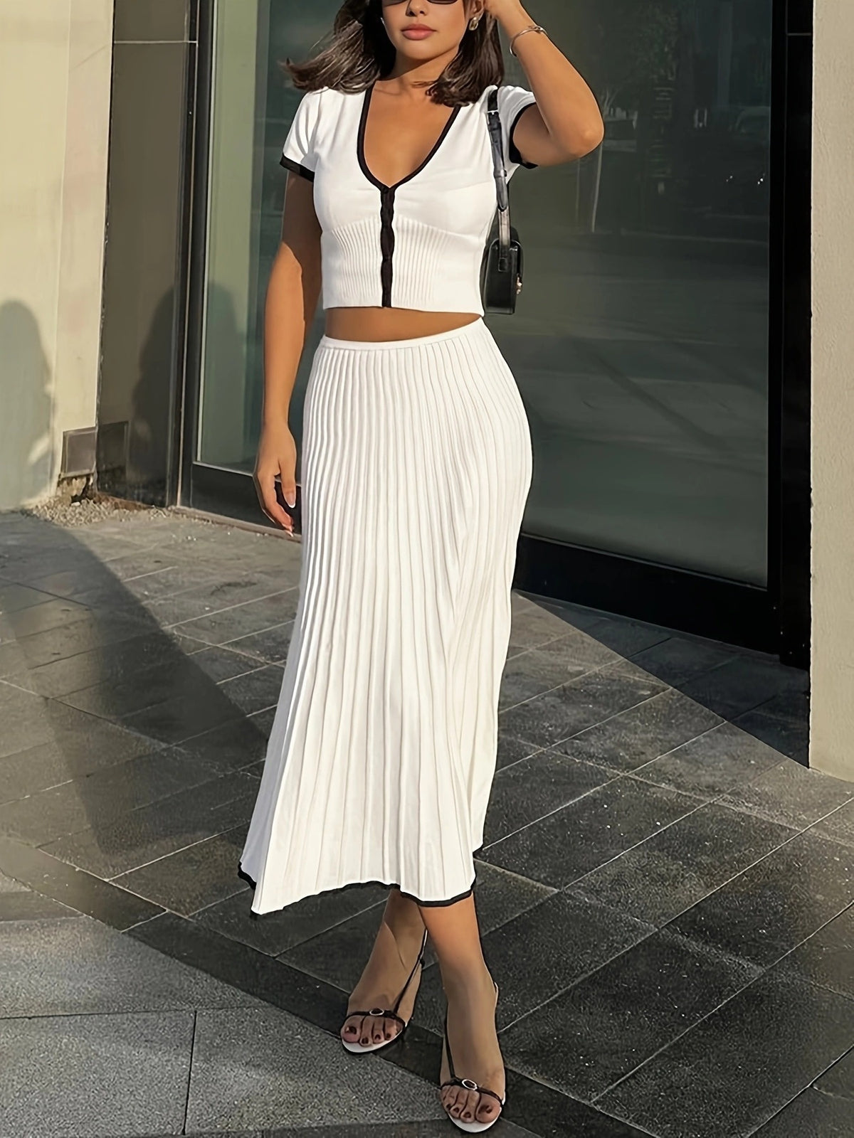 Contrast Trim Top & Midi Skirt Set
