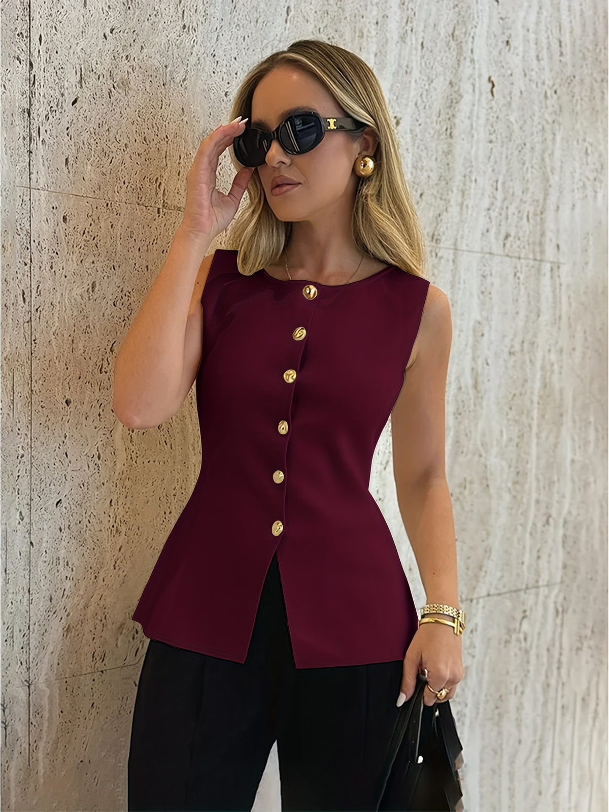 Gold Button Sleeveless Knit Top