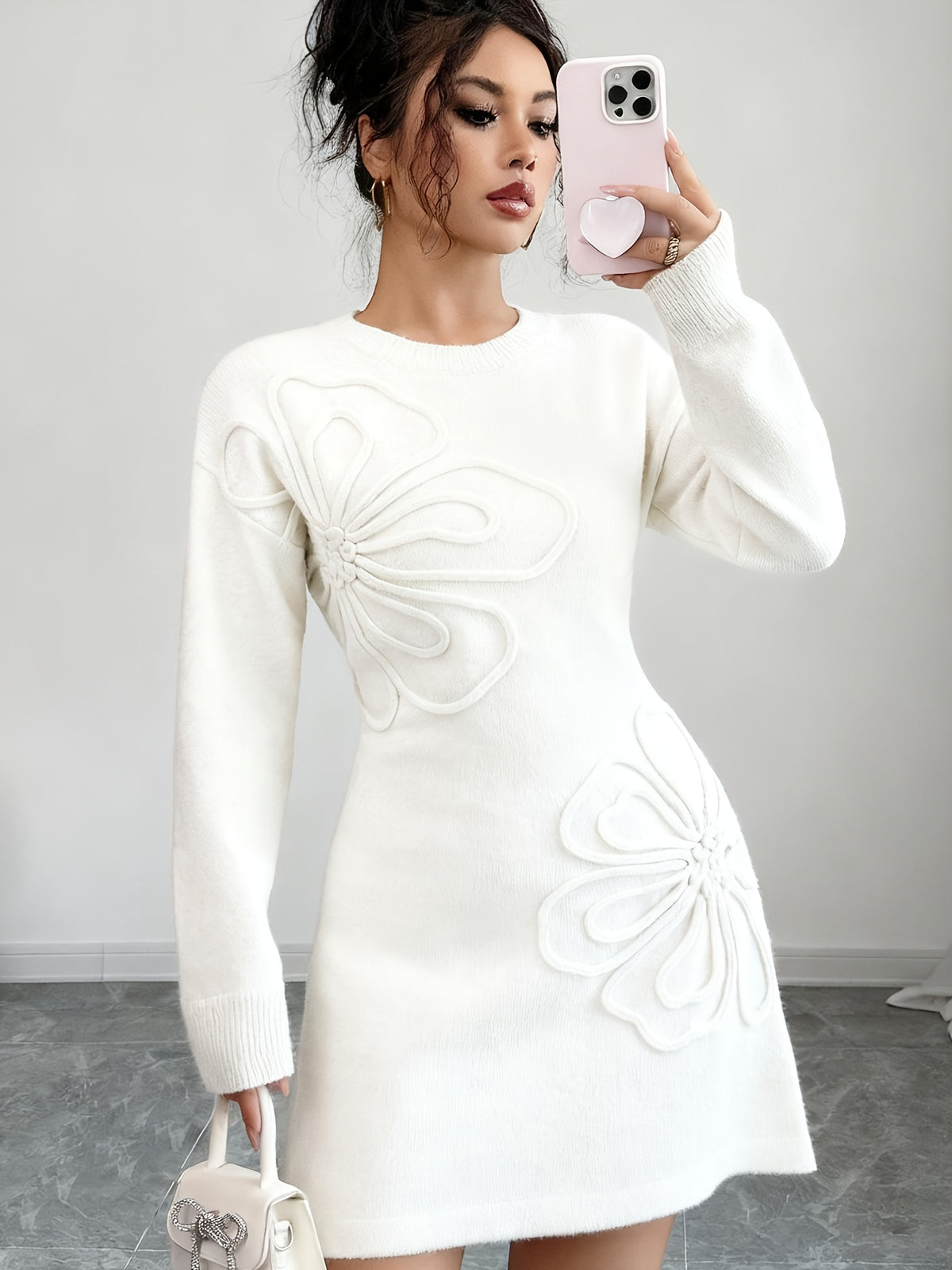 Raised Floral Knit Mini Dress