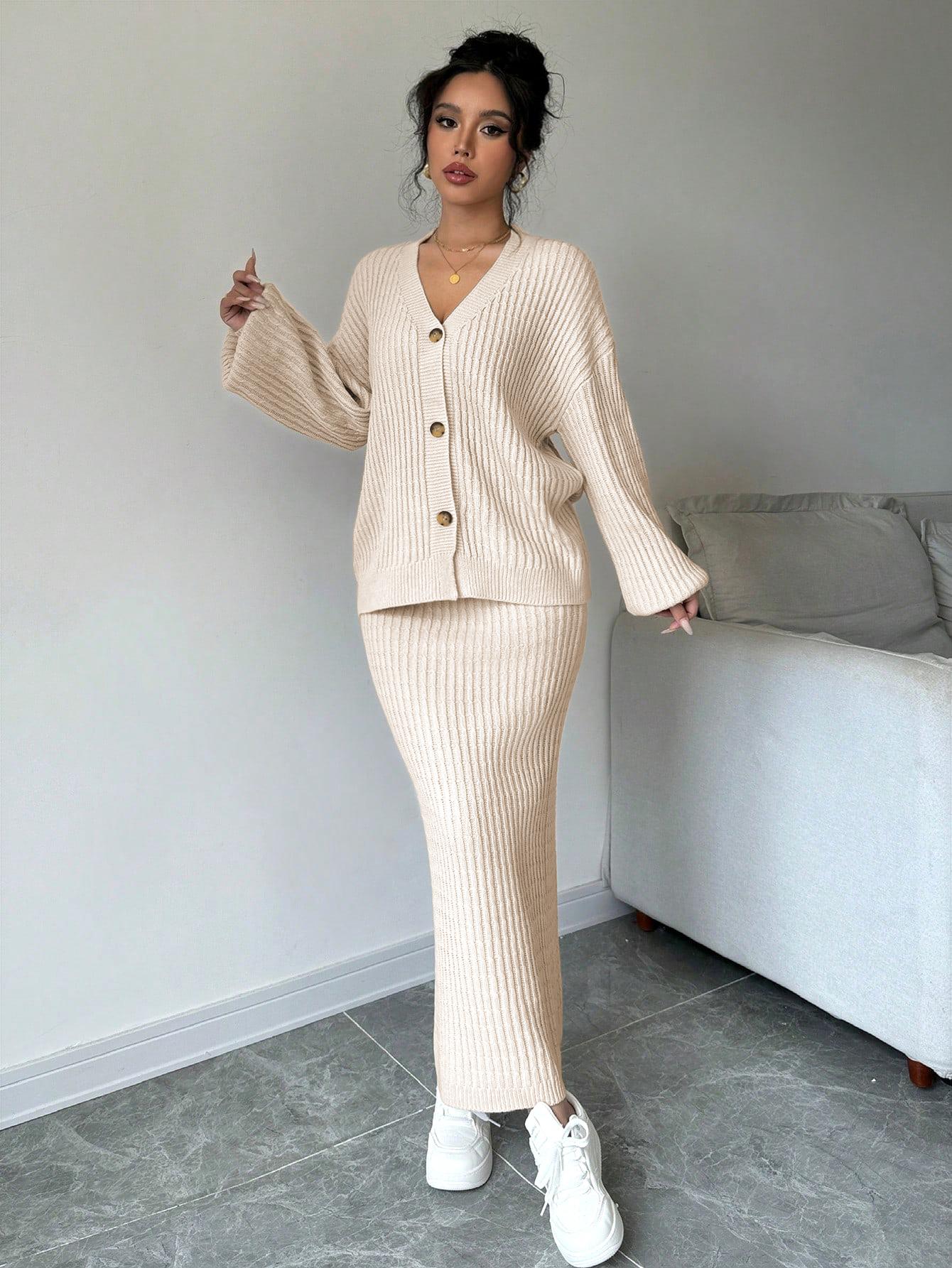 JOYSONS V-neck cardigan and high-waist knit skirt set