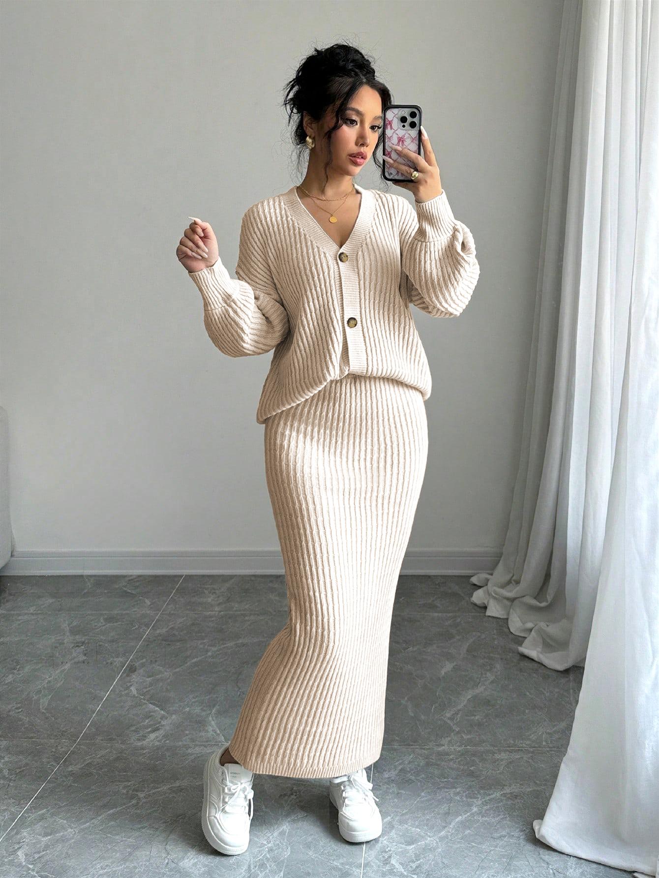 JOYSONS V-neck cardigan and high-waist knit skirt set