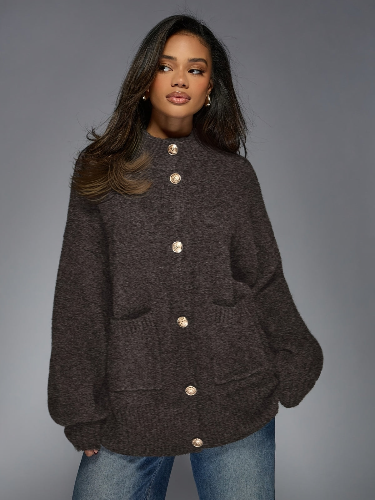 Mock Neck Gold Button Cardigan