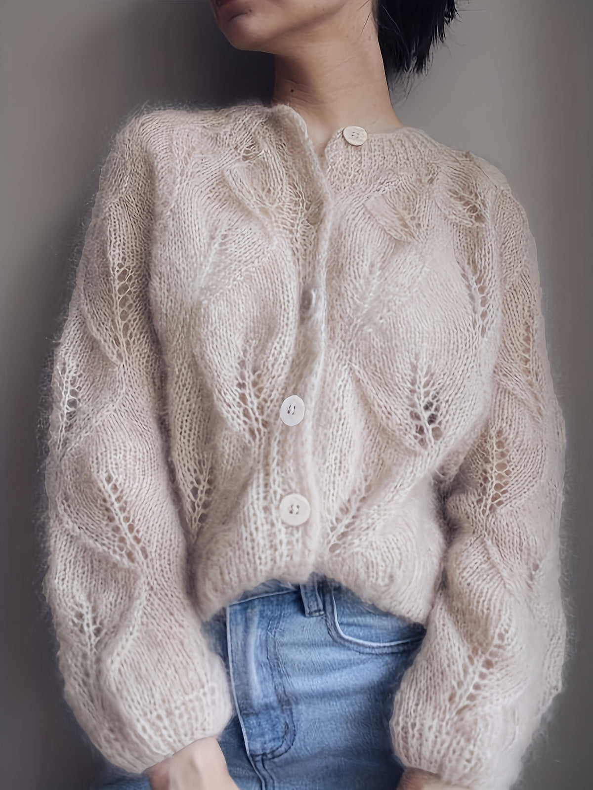 Pointelle Fuzzy Button Cardigan