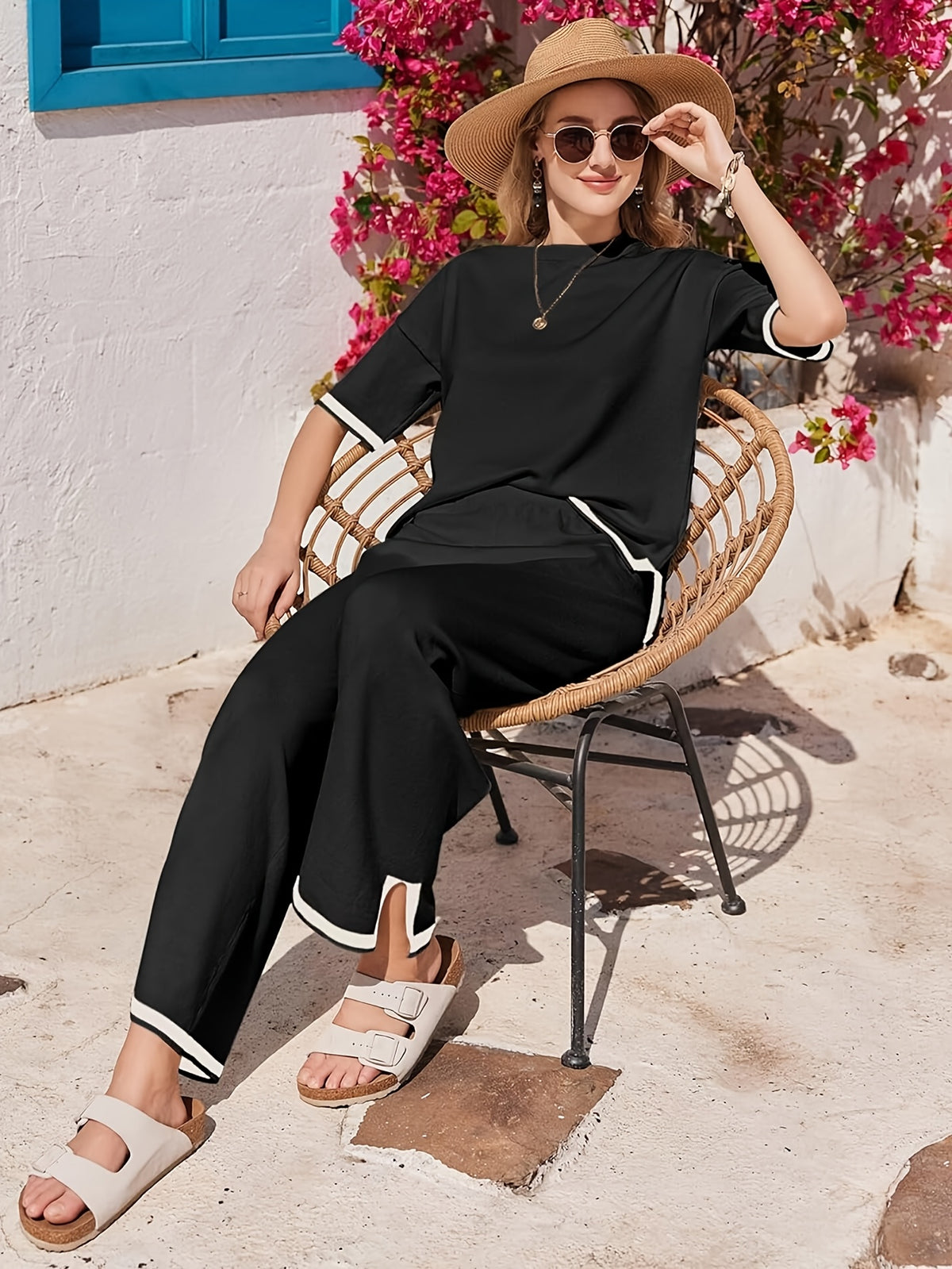 Contrast Trim Tee & Wide Leg Pant Set