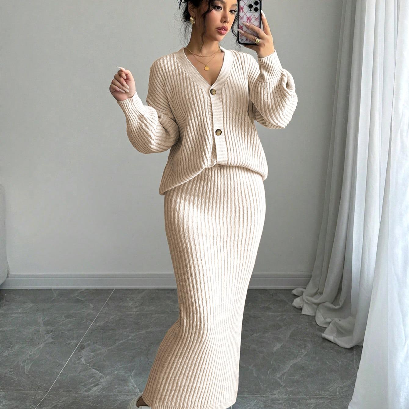 JOYSONS V-neck cardigan and high-waist knit skirt set
