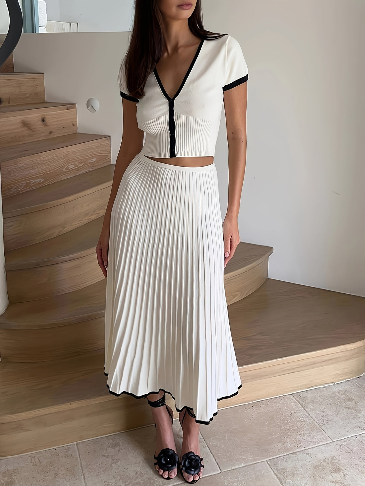 Contrast Trim Top & Midi Skirt Set